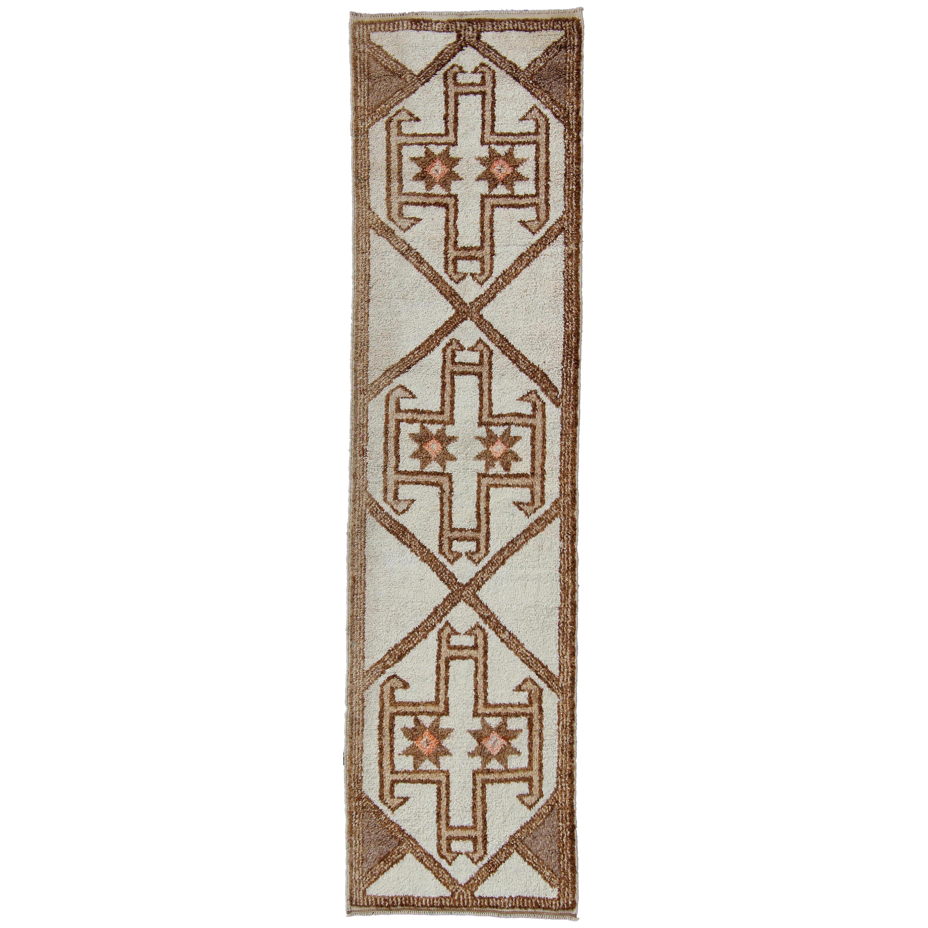 Graphic and Geometrical Design Tulu Turkish Vintage Runner in Cream, Brown & Tan For Sale