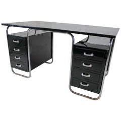 Restored Bauhaus Black Lacquered Wood Desk with Chrome Steel by Marcel Breuer