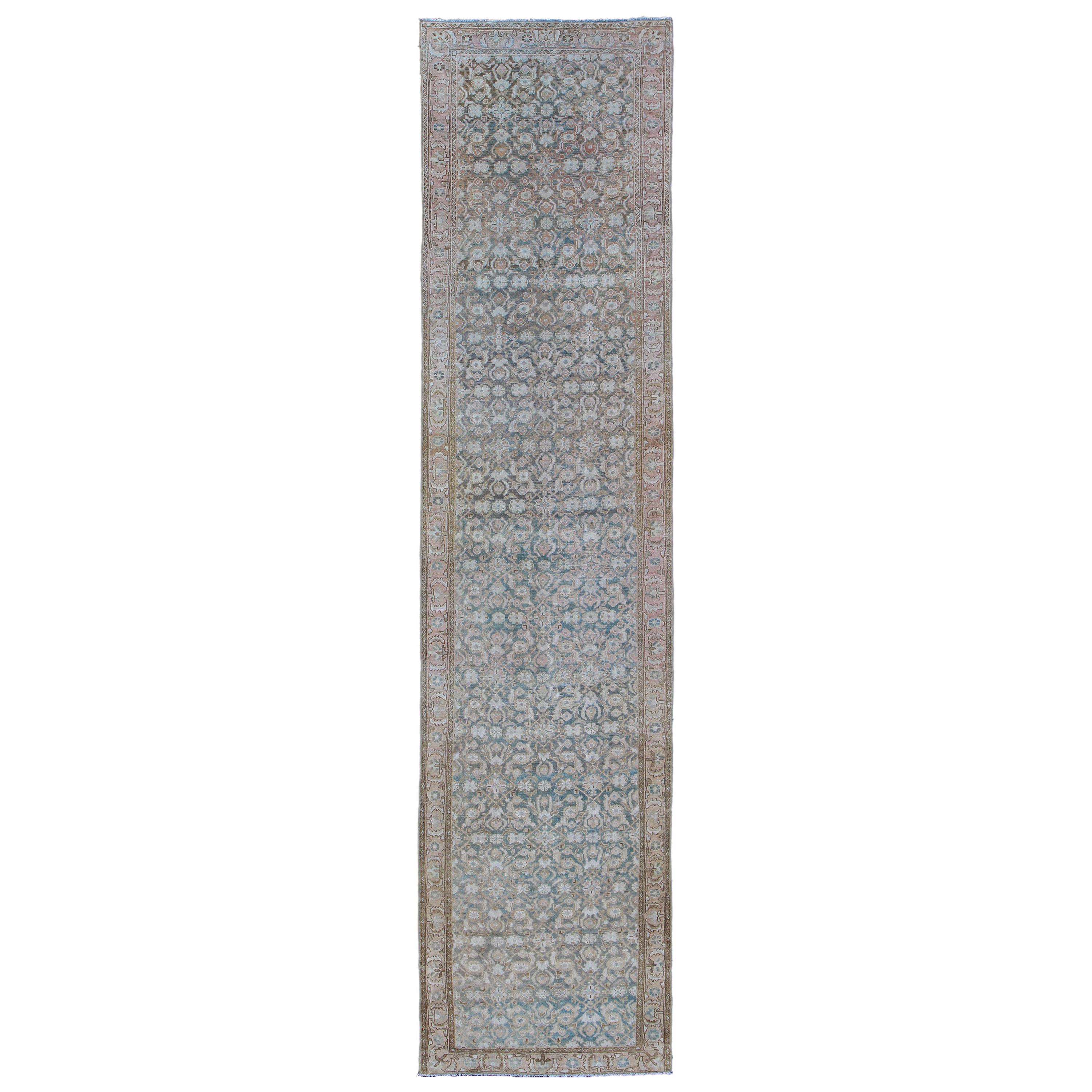 Blue Malayer Runner Antique Persian with Flowers in Light Tones