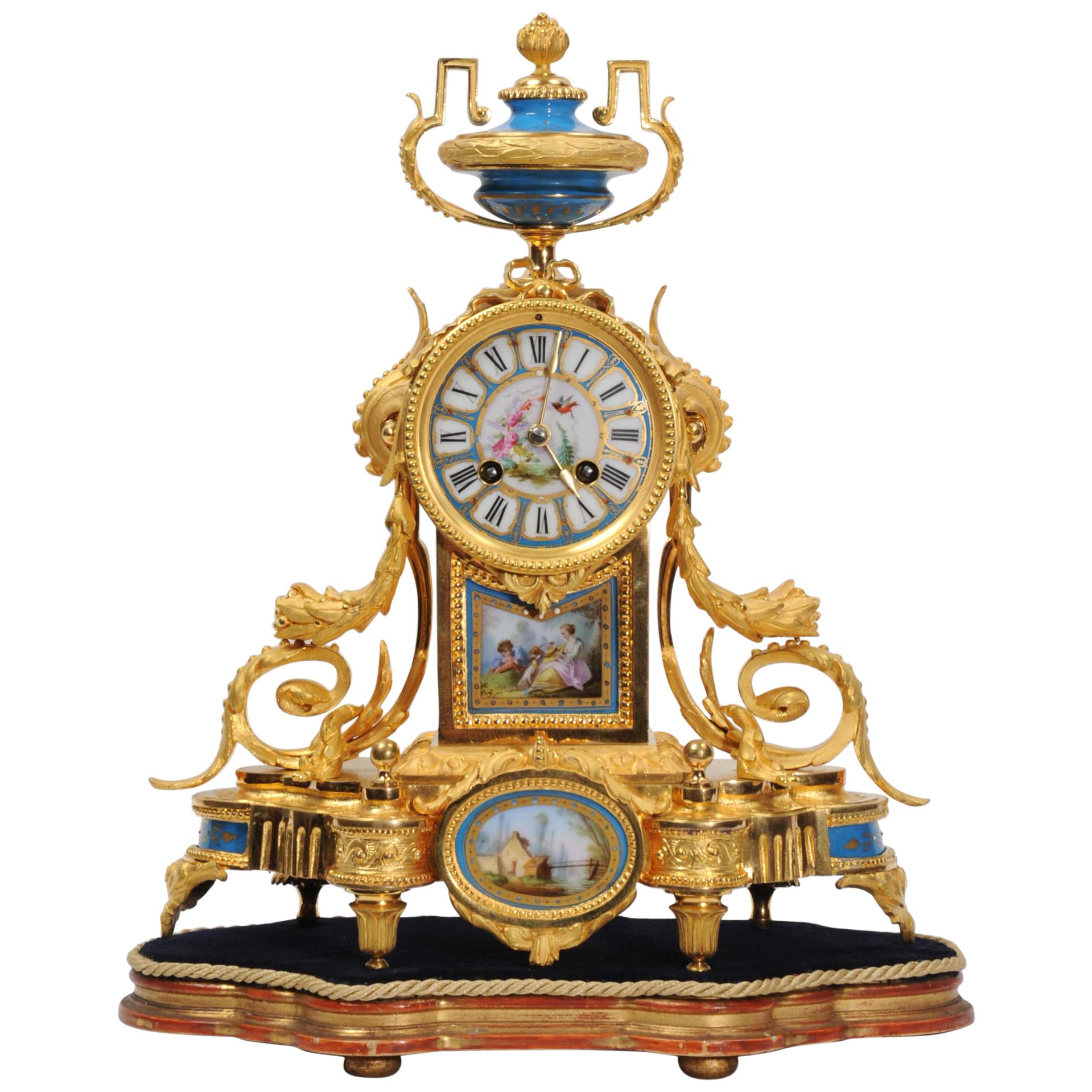 Japy Freres Antique French Ormolu Bronze and Sevres Porcelain Clock, Dog