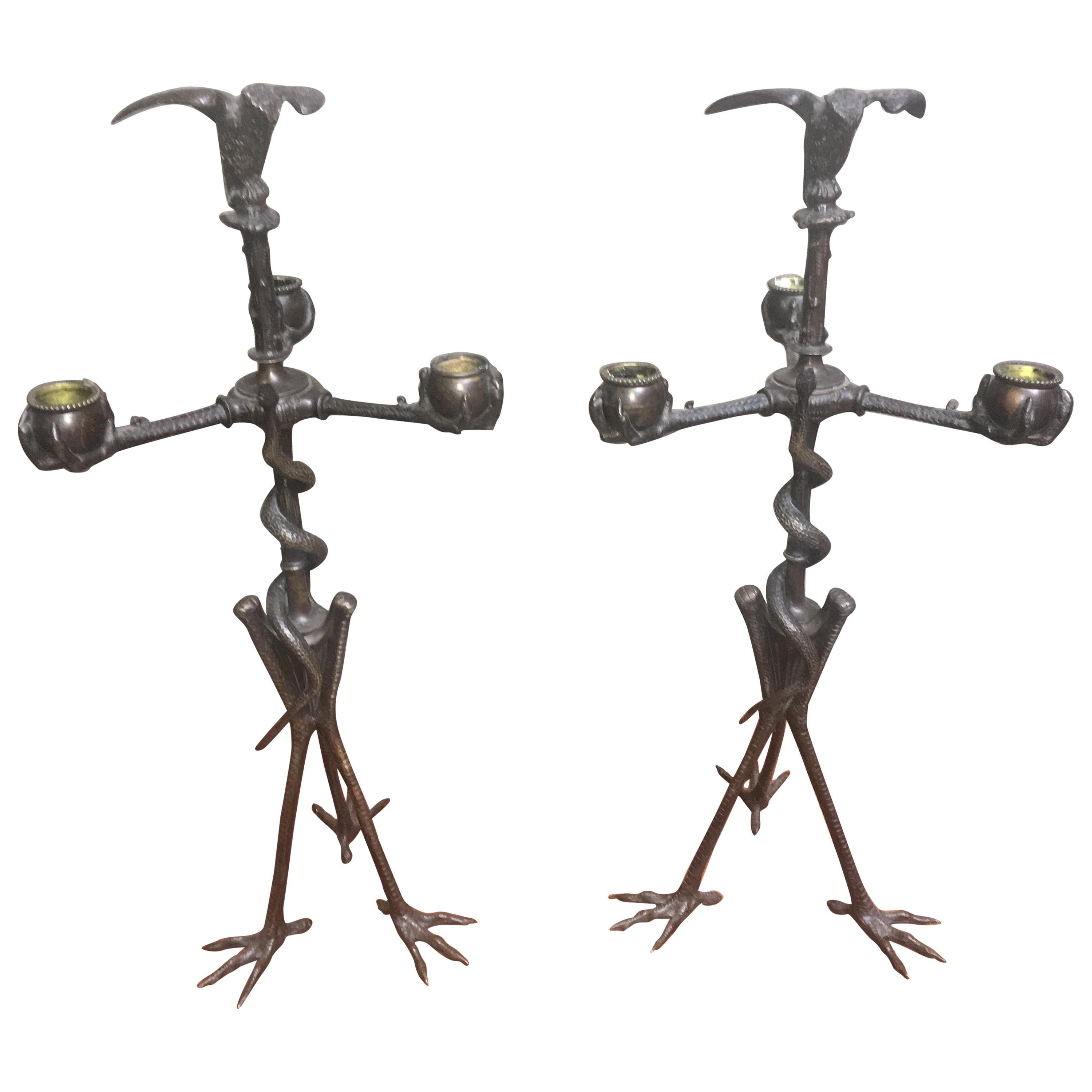 Pair of French 19th Century Bronze Candelabra with Animal Motif