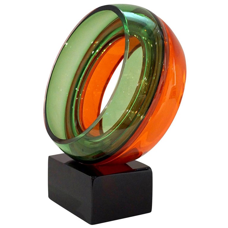 Paolo Crepax Italian Green Orange Red Murano Art Glass Abstract Sculpture For Sale
