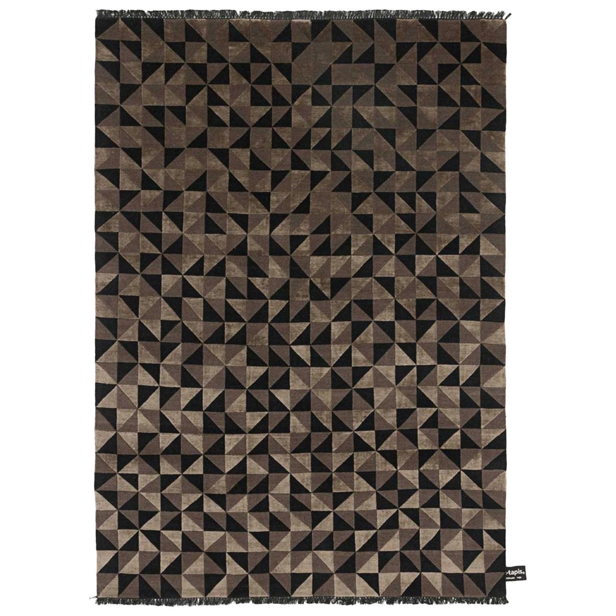 Tapis géométrique mi-siècle moderne en laine et soie noir et bronze CC-Tapis en vente