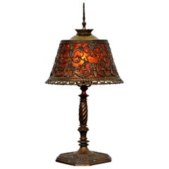 Art Deco Oscar Bach Small Bronze & Amber Glass Ornate Detailed Table Lamp, 1920s