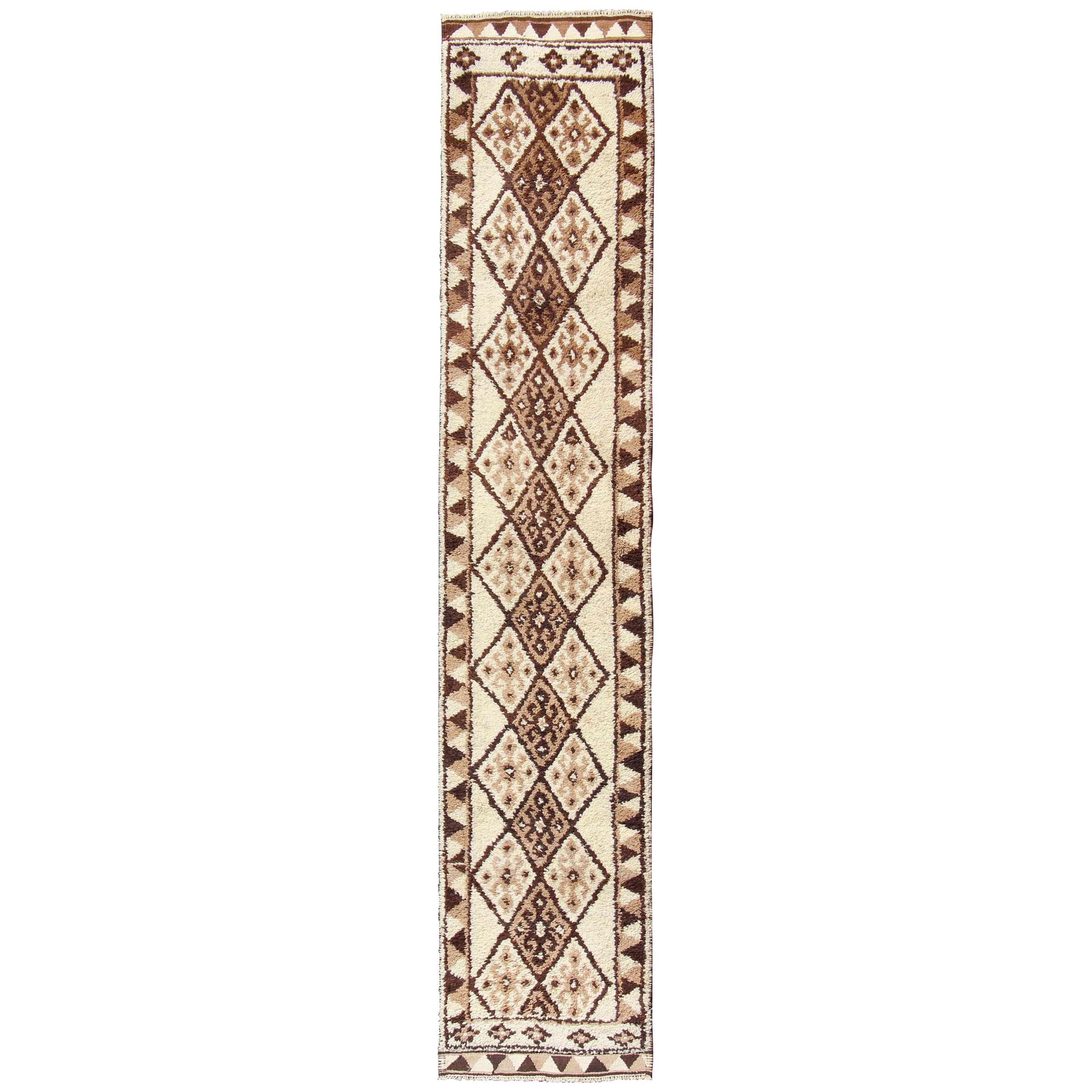 Vintage Turkish Tulu Runner with Diamond Design in Cream, Brown, and Taupe