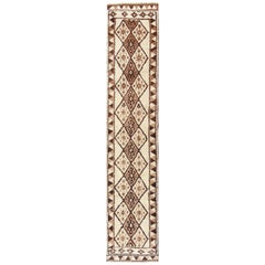 Vintage Turkish Tulu Runner with Diamond Design in Cream, Brown, and Taupe