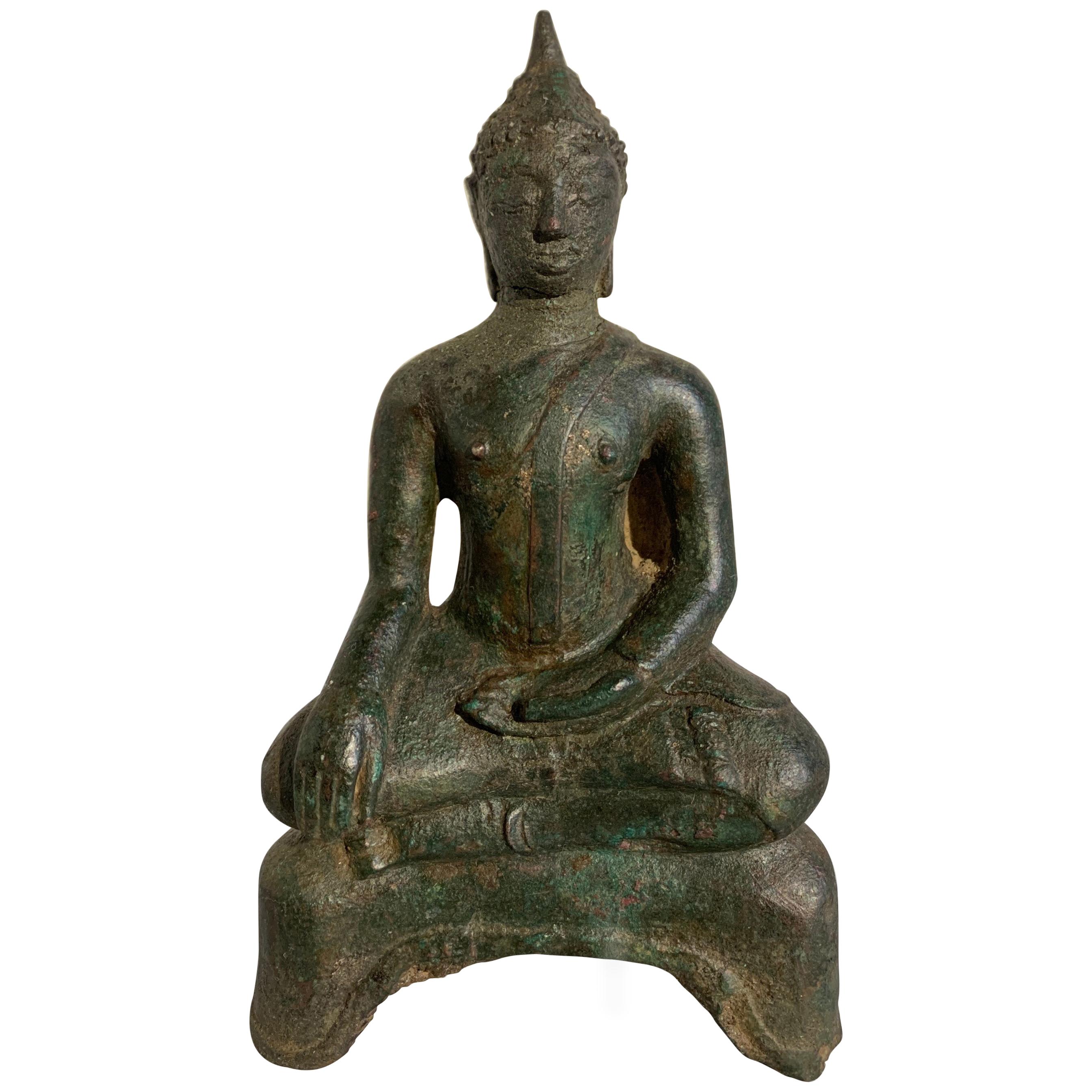 Small Thai Ayutthaya Seated Bronze Buddha Maravijaya, 16th Century
