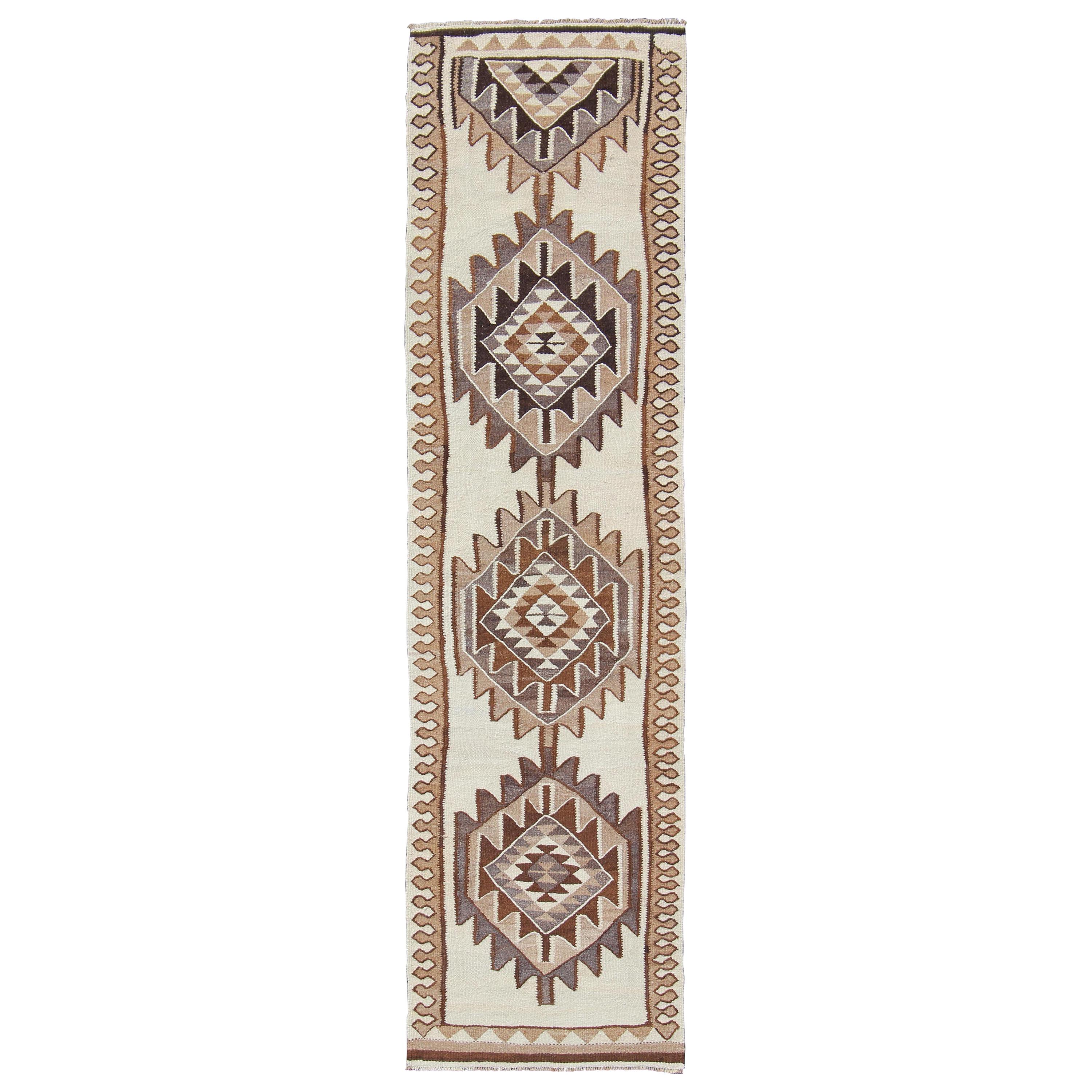 Vintage Turkish Kilim Runner with Tribal Medallions in Shades of Brown and Cream For Sale