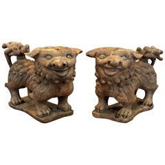 Pair of Antique Hand Carved Hard Wood Chinese Foo Dogs