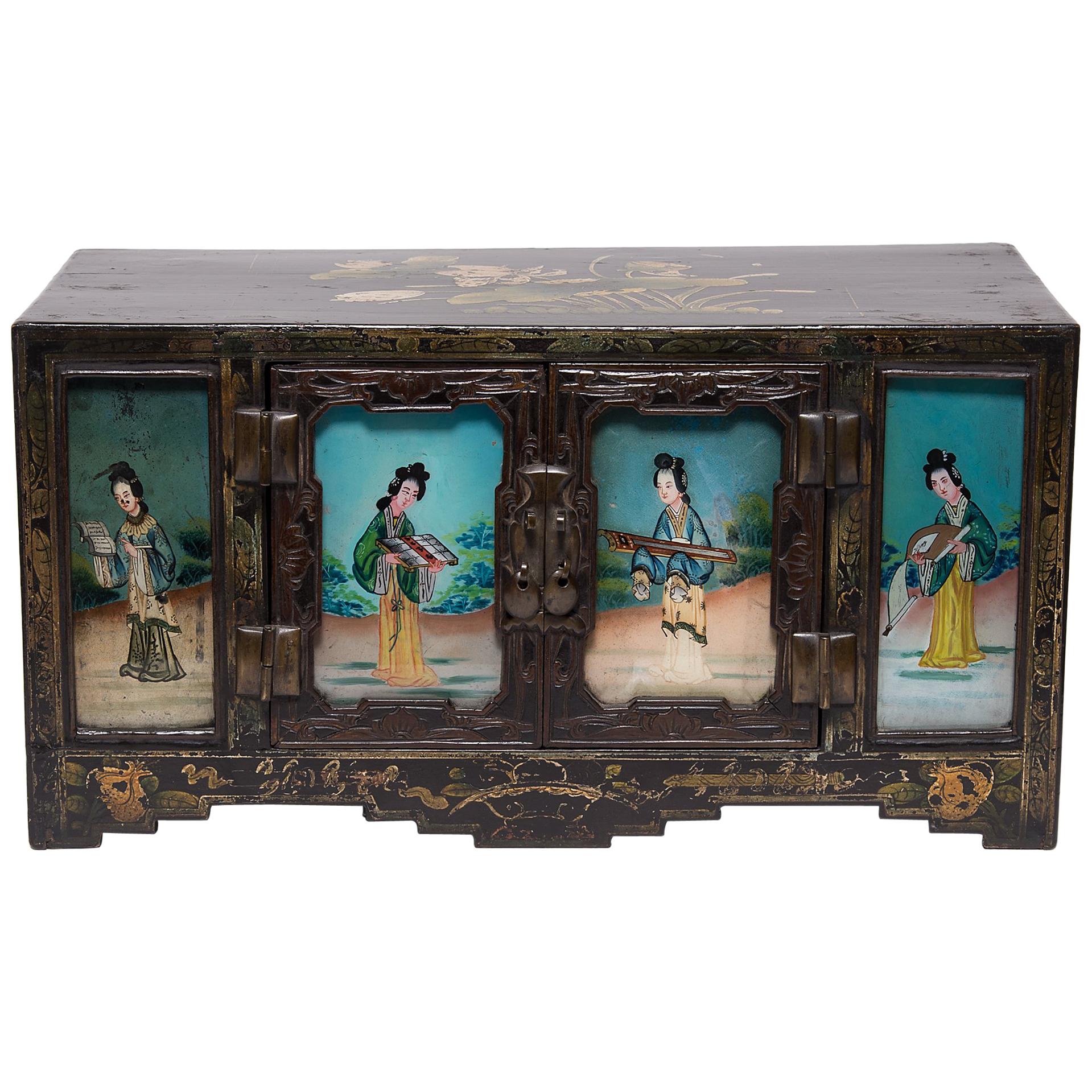 Chinese Treasure Chest with Reverse Glass Painted Panels. c. 1850