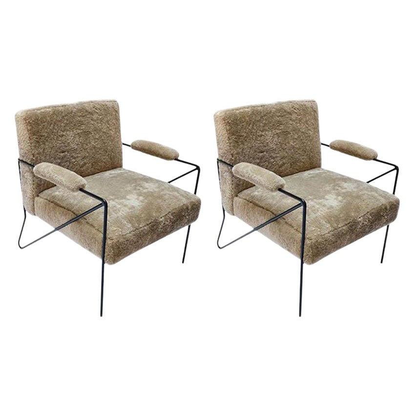 Custom Black Metal Armchairs in Tan Sheepskin by Adesso Imports For Sale