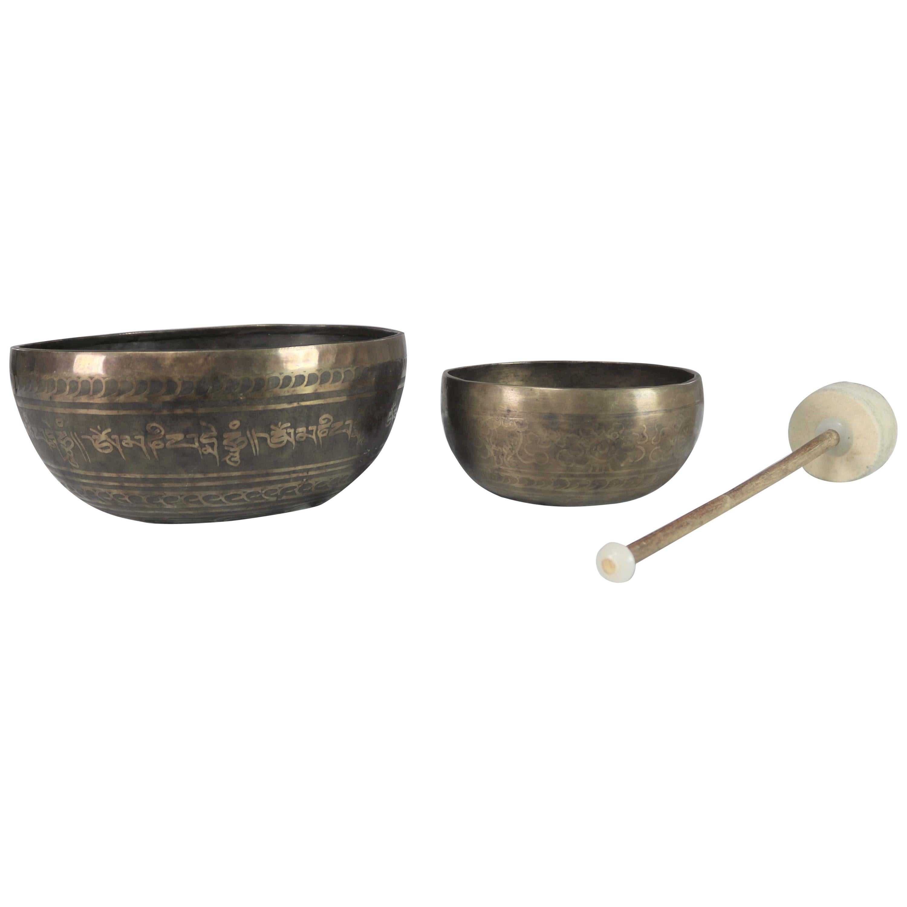Vintage Set of 2 Bronze Nesting Incised Singing Bowls or Standing Bowls with Mal