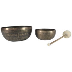 Vintage Set of 2 Bronze Nesting Incised Singing Bowls or Standing Bowls with Mal