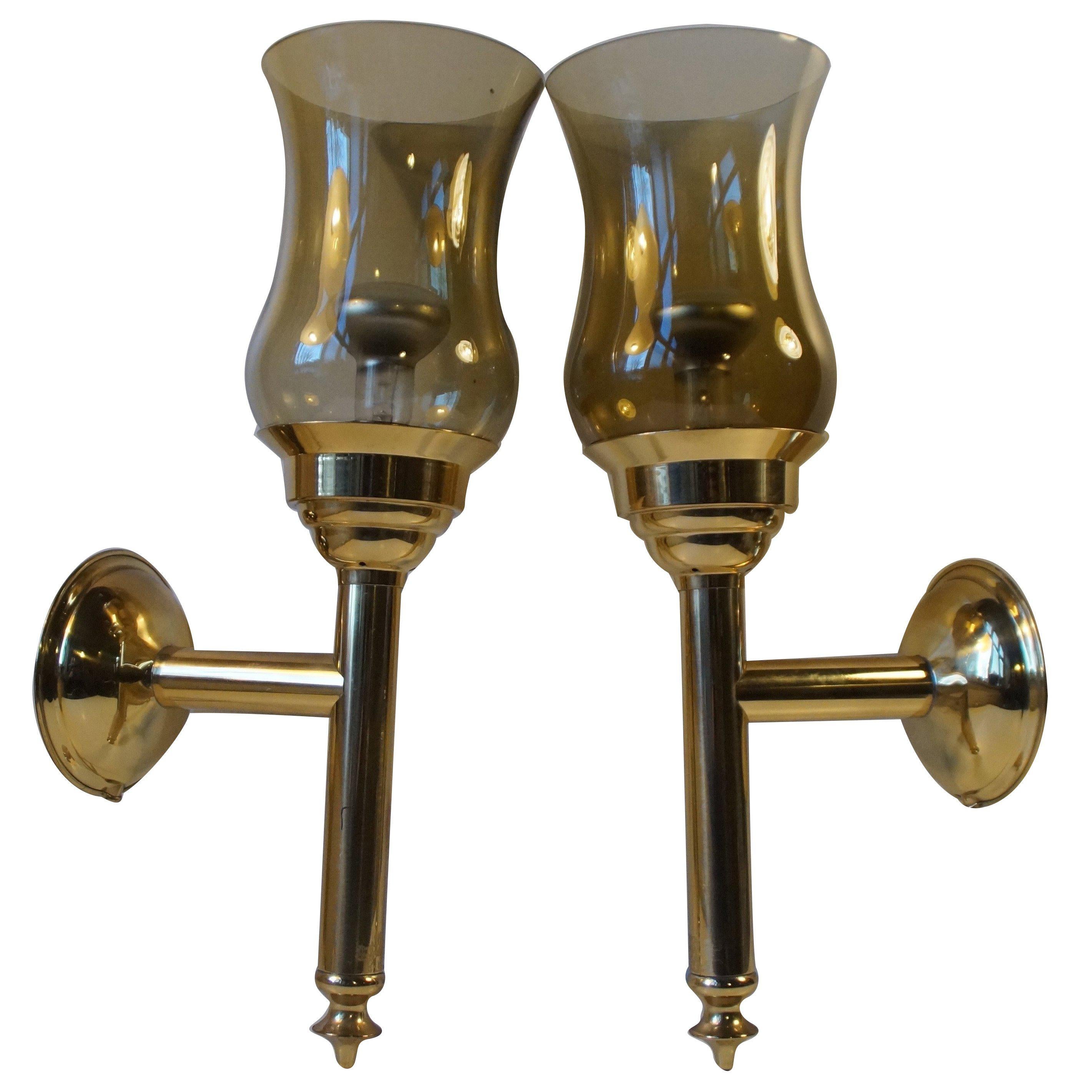 Scandinavian Modern Torch Wall Sconces in Brass and Smoke Glass For Sale