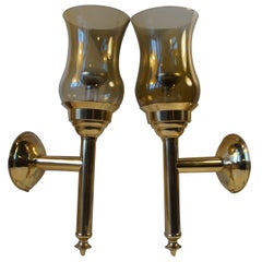 Pair of Tall Danish Modern 'Torch' Sconces in Brass and Smoke Glass, circa 1970