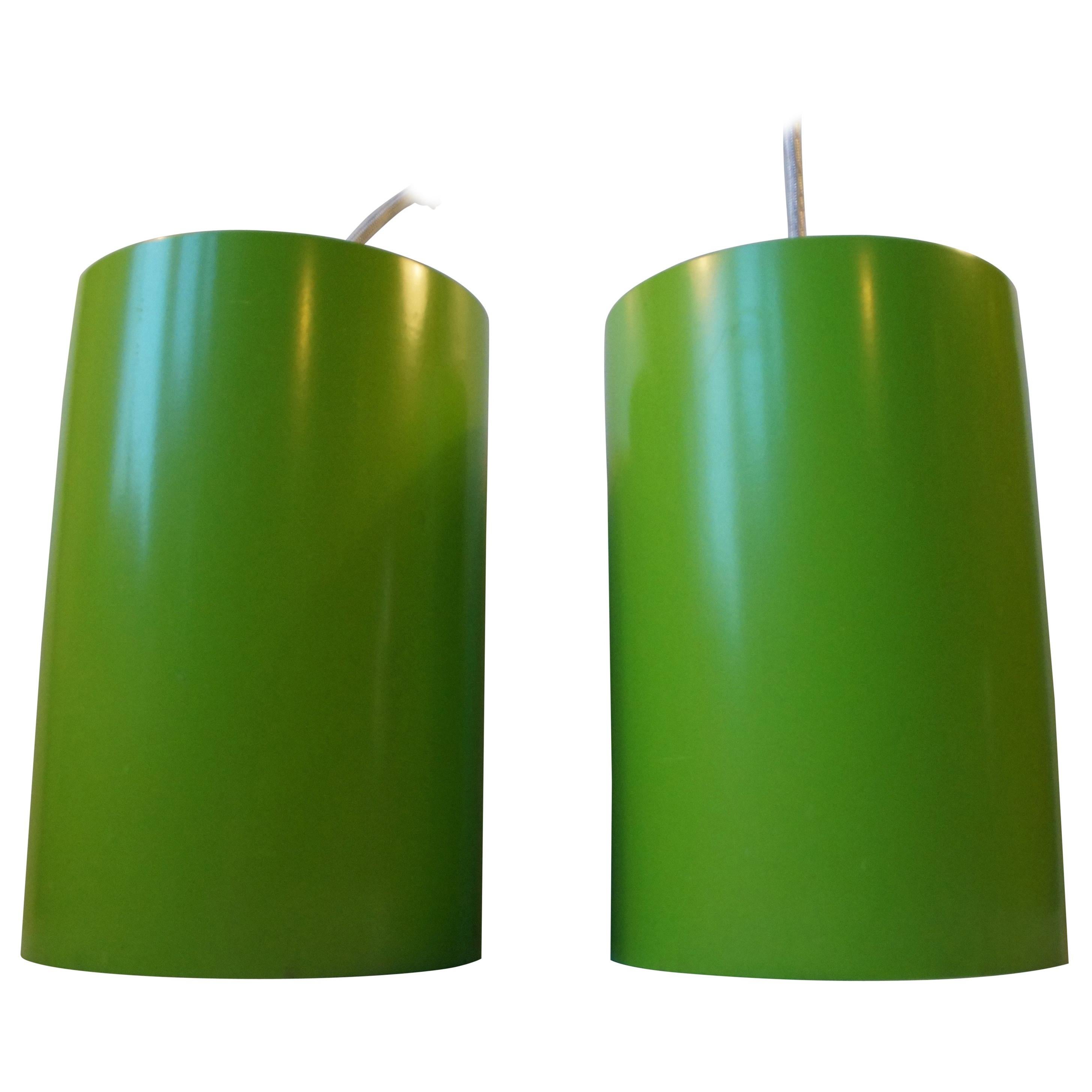 Danish Modern Cylindrical Green Pendant Lamps by Louis Poulsen, 1970s