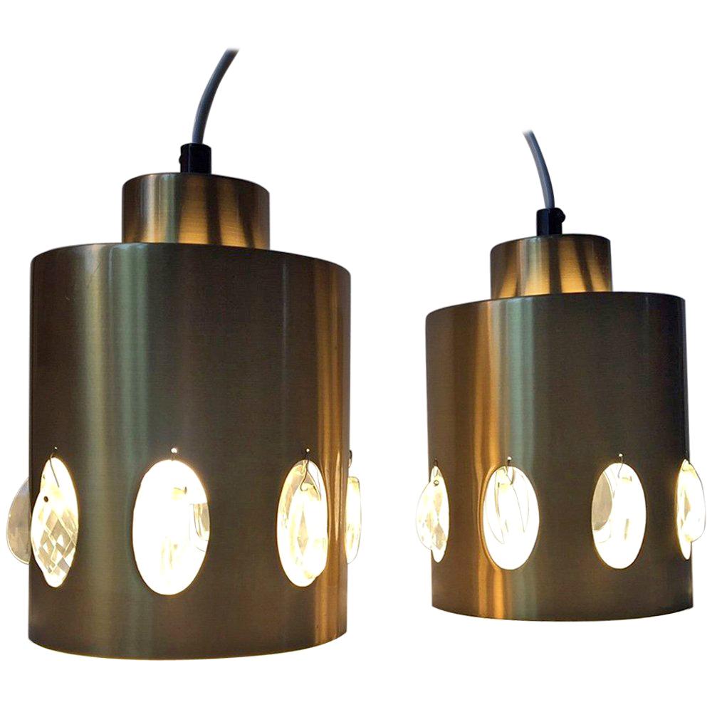Danish Midcentury Brass and Crystal Prisms Pendant Lights from Vitrika, 1960s
