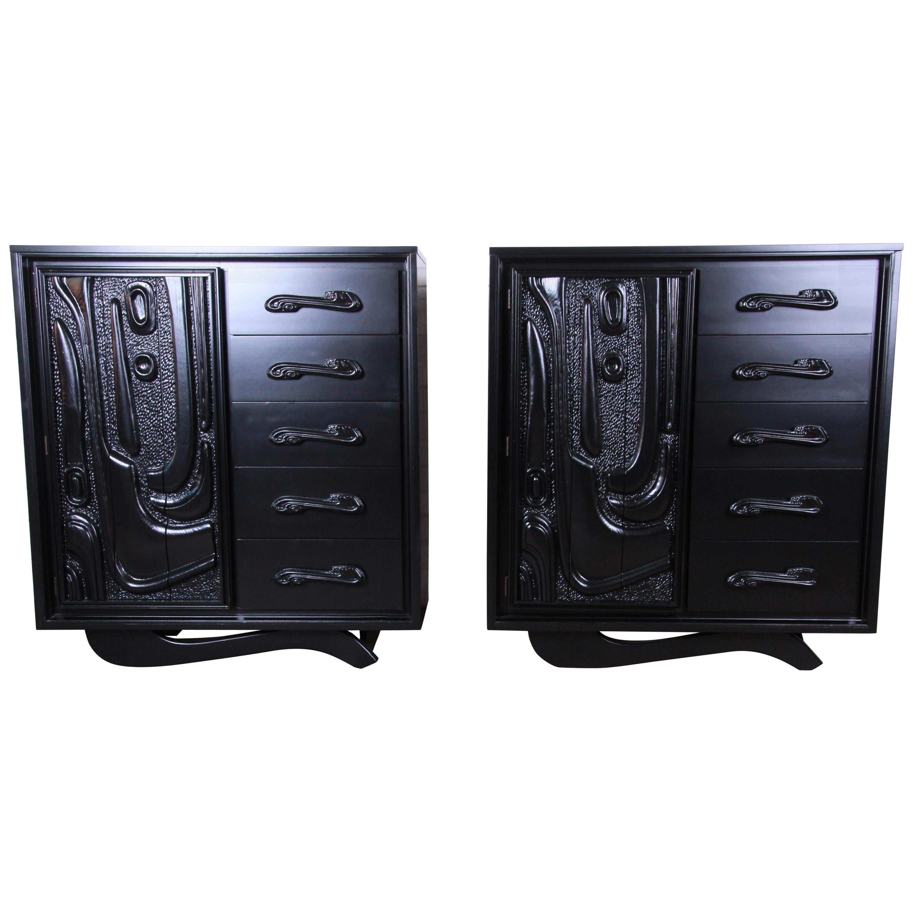 Witco Oceanic Style Black Lacquered Sculptural Tiki Gentleman's Chests
