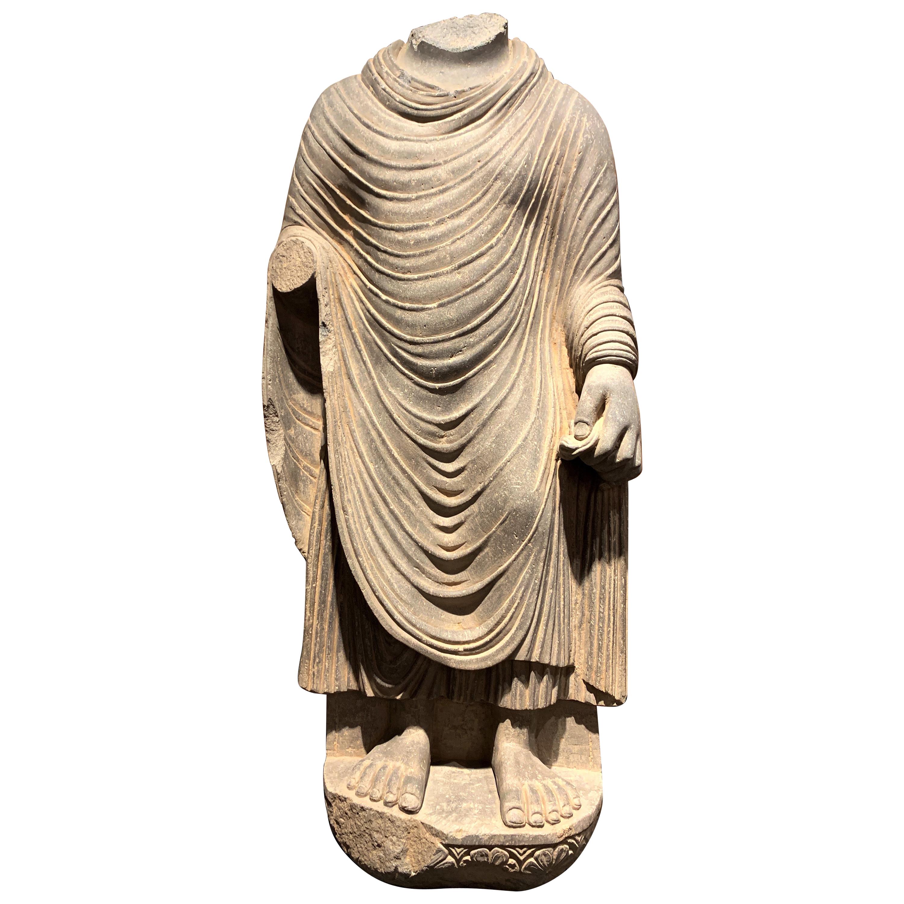 Large Gandharan Standing Buddha Torso, Carved Gray Schist, 2nd-3rd Century