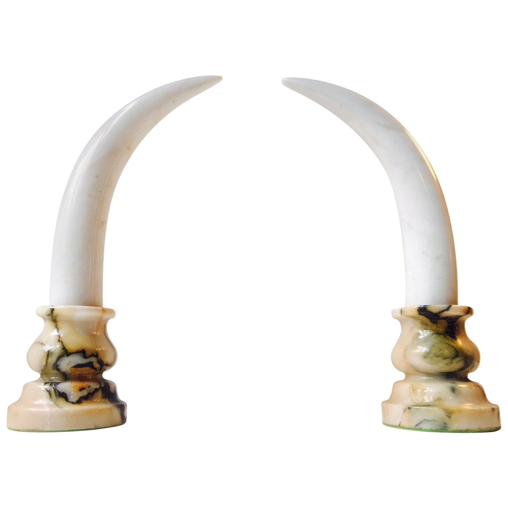 Pair of Faux 'Elephant Tusk', Marble Bookends or Dresser Ornaments, 20th Century For Sale