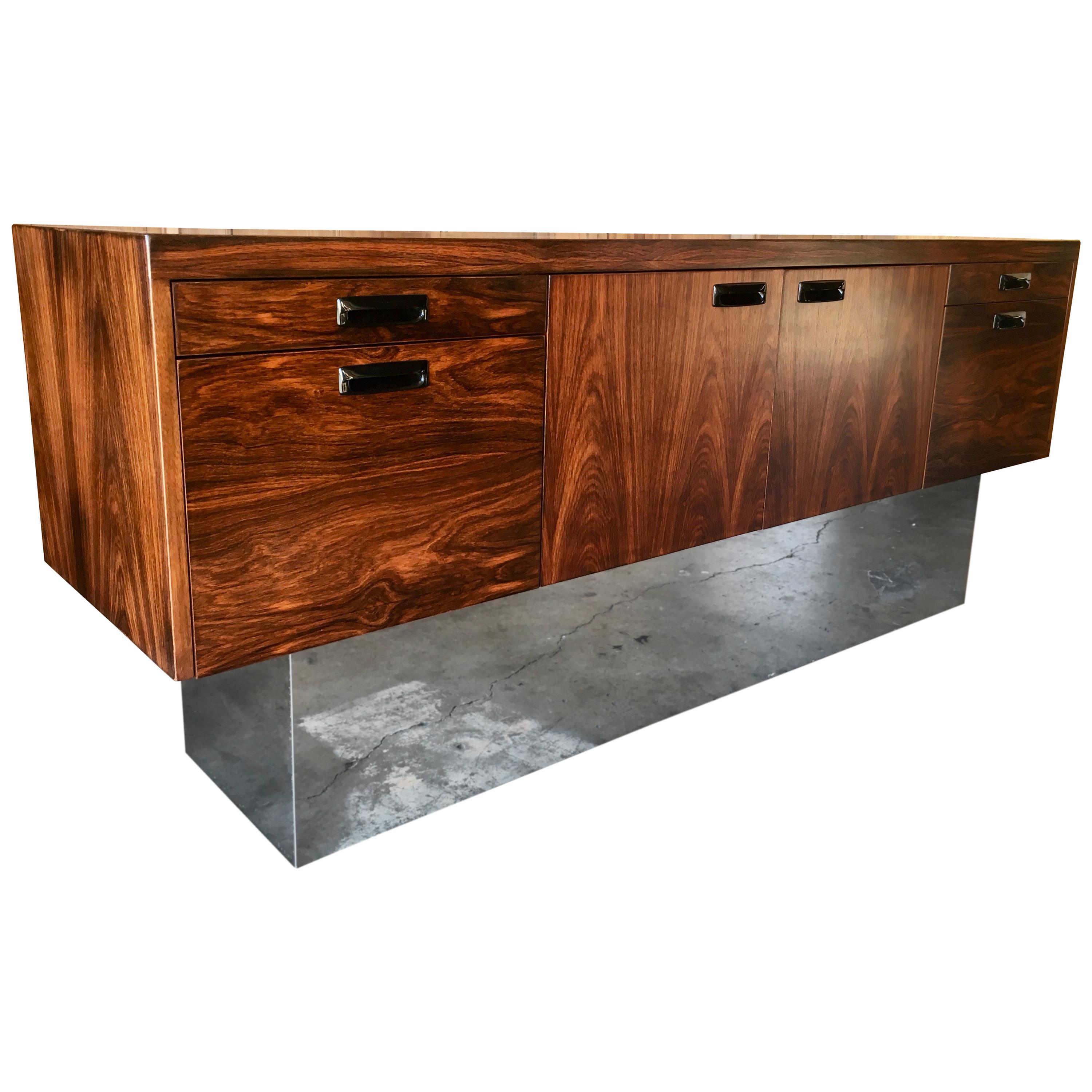 Milo Baughman Style Rosewood with Chrome Plinth Credenza