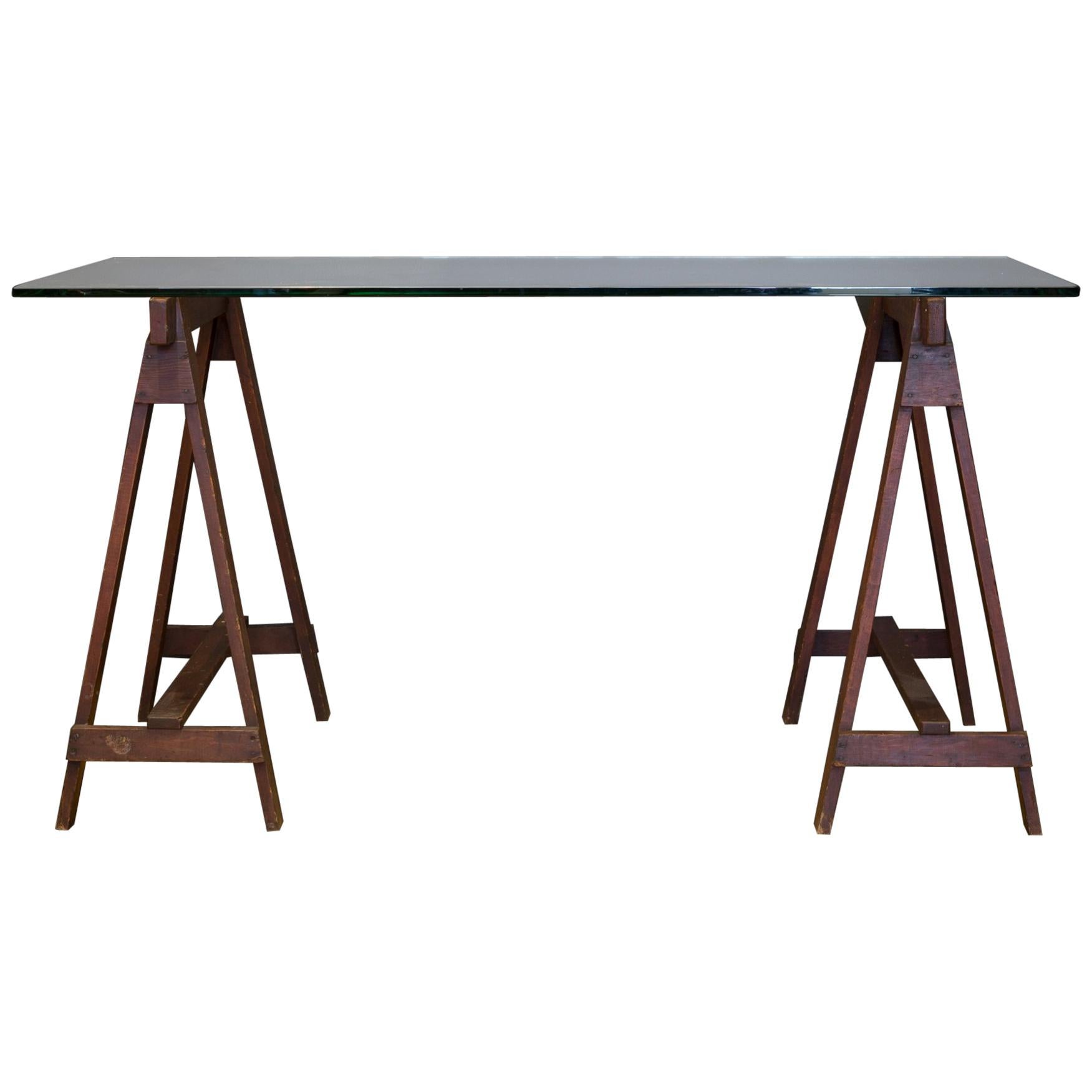 Glass Dining Table with Early 20th Century Douglas Fir Sawhorses, circa 1910