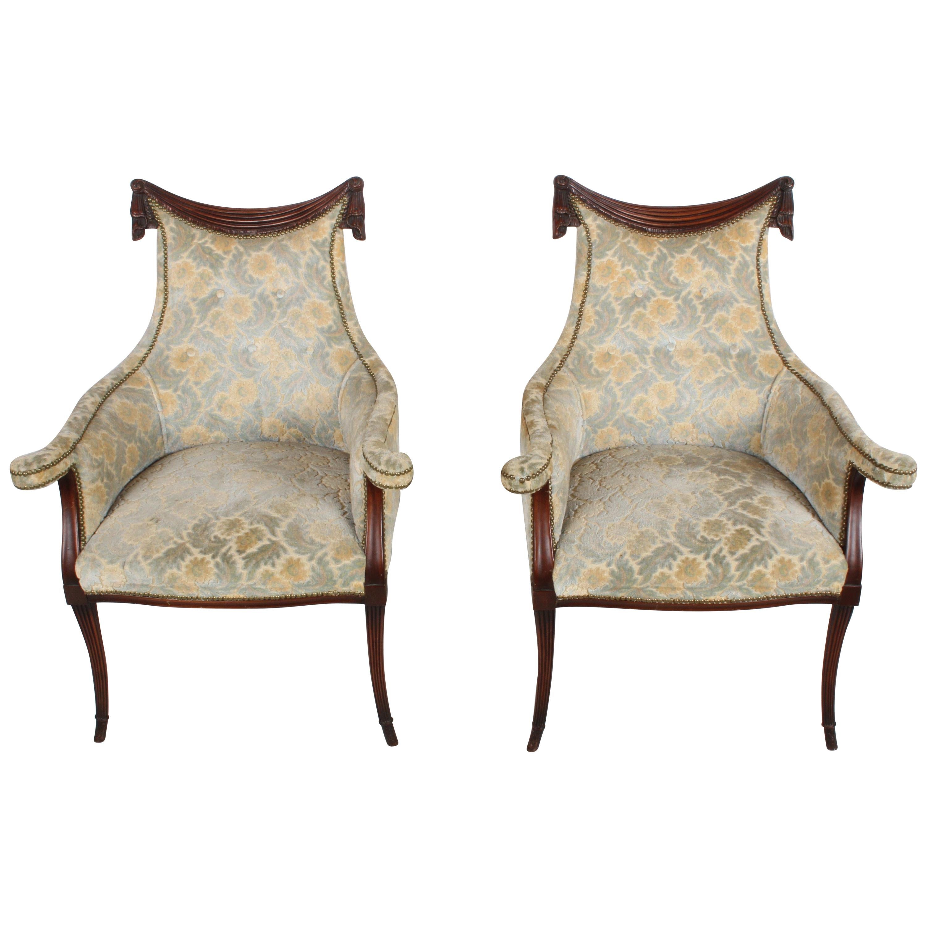 Pair of Grosfeld House Swag and Drape Bergère Chairs, Hollywood Regency For Sale