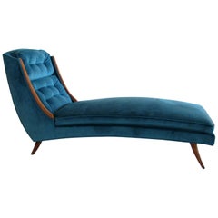 Sculptural Sabre Leg Chaise Longue in Peacock Blue Velvet, circa 1950s