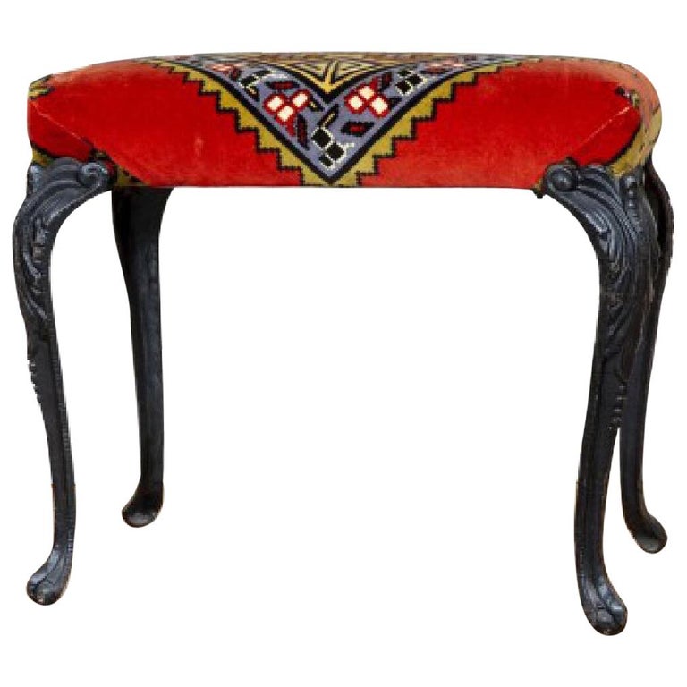 Antique Cast Iron Cabriole Legged Bench Ottoman Stool Velvet mohair at