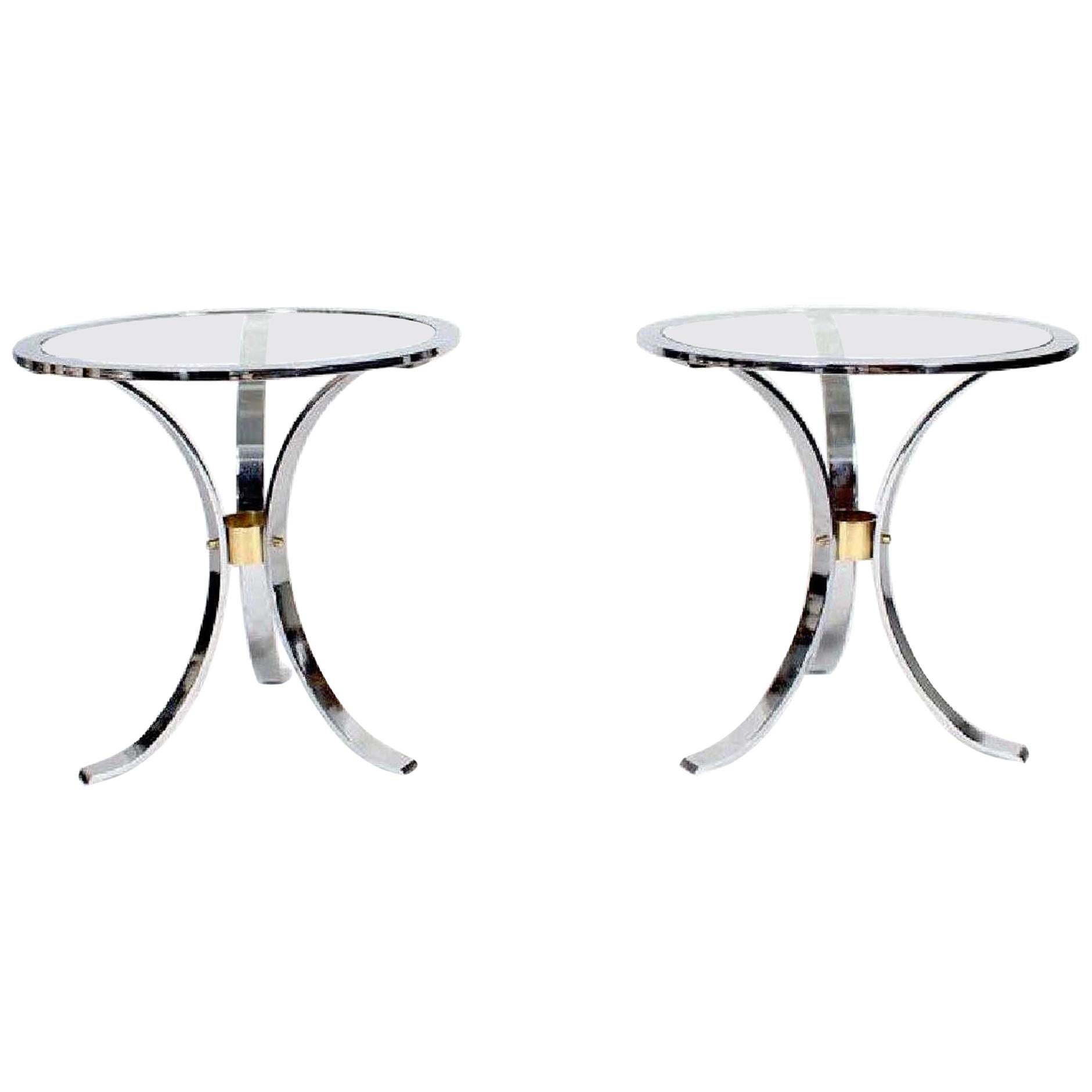 Pair of Maison Jansen Polished Steel and Brass Side Tables