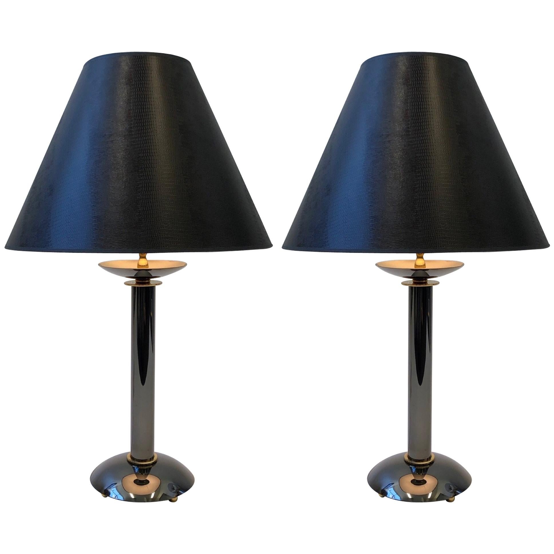 Pair of Brass and Gunmetal Table Lamps by Karl Springer For Sale