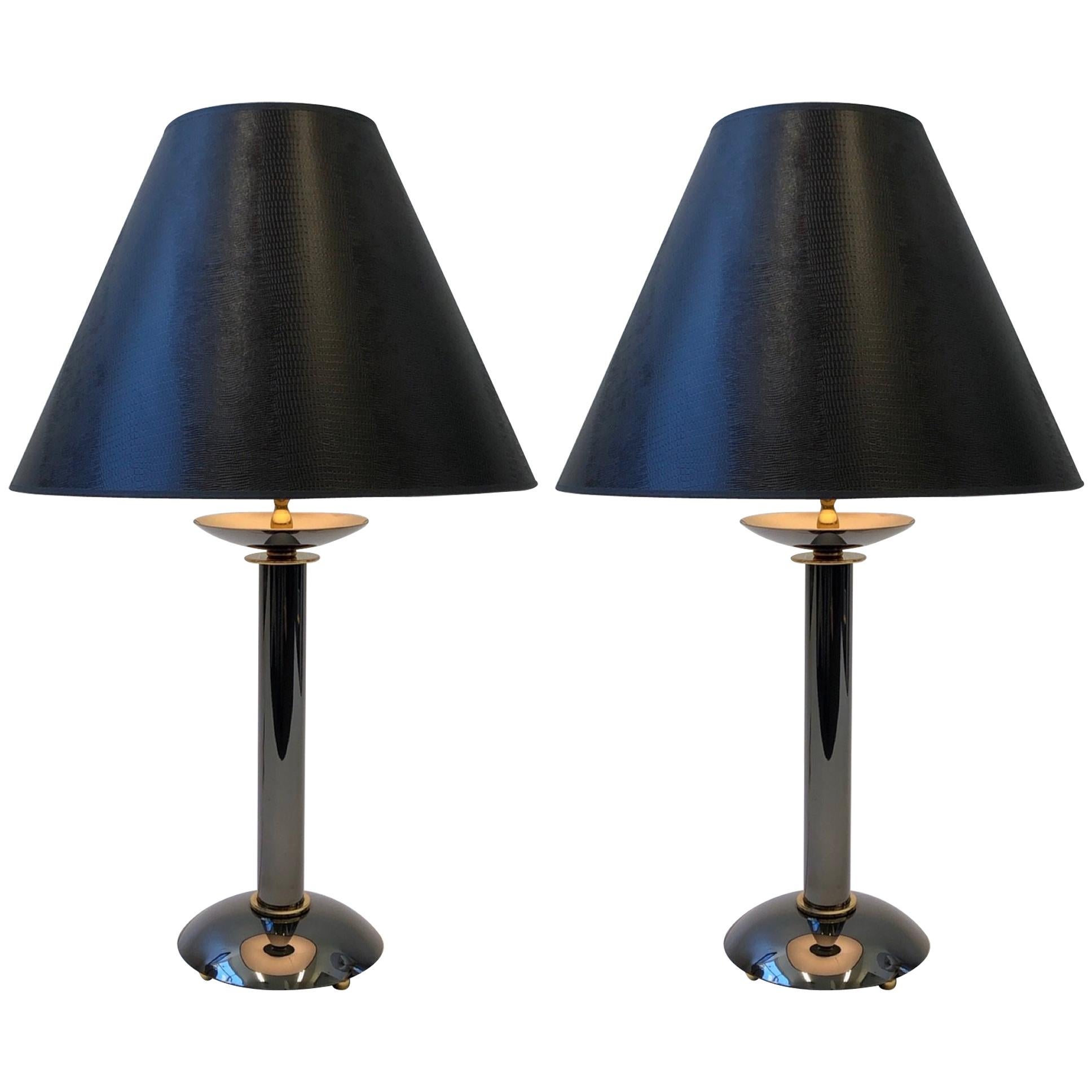 Pair of Brass and Gunmetal Table Lamps by Karl Springer For Sale