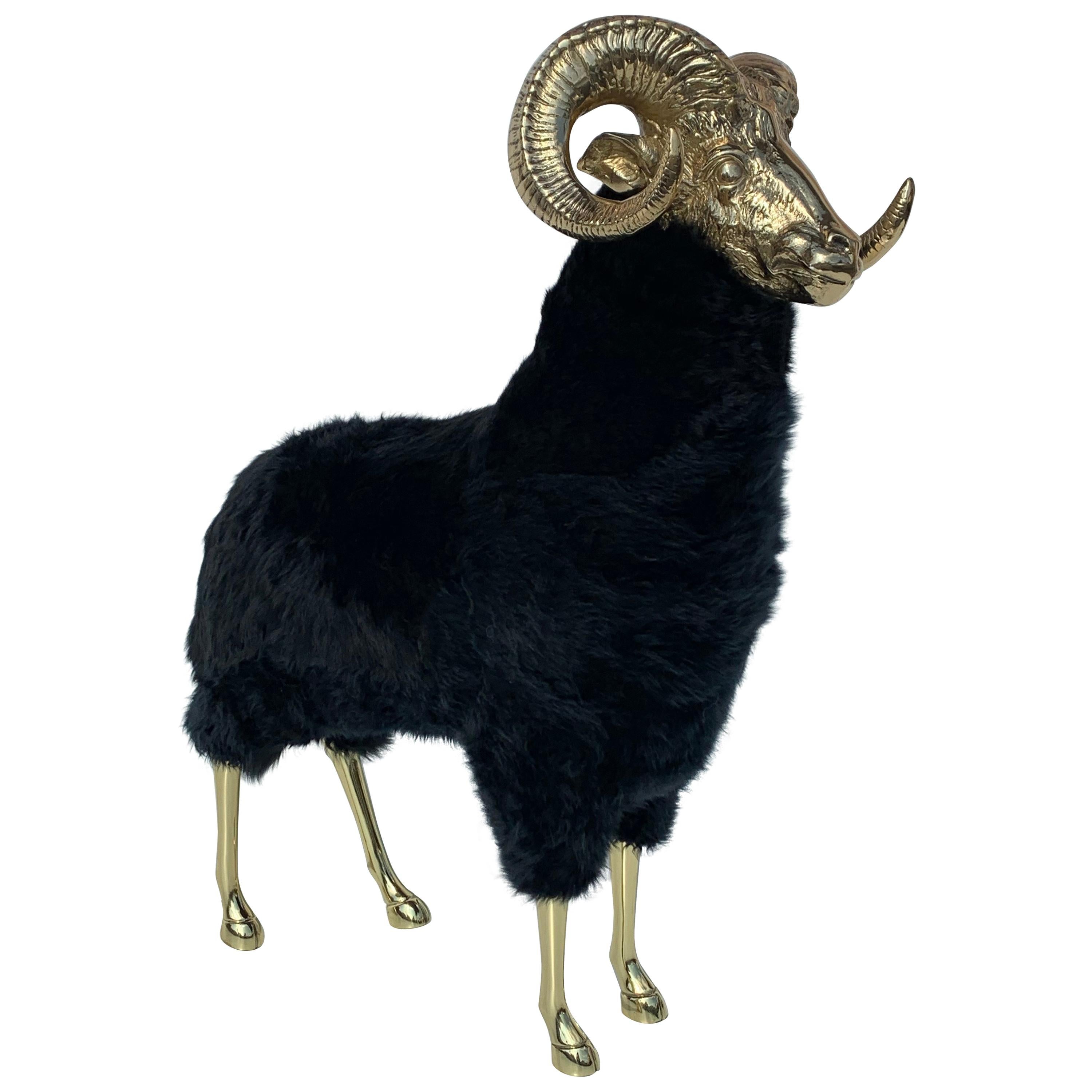 Brass Mountain Sheep or Ram Sculpture in Black Fur