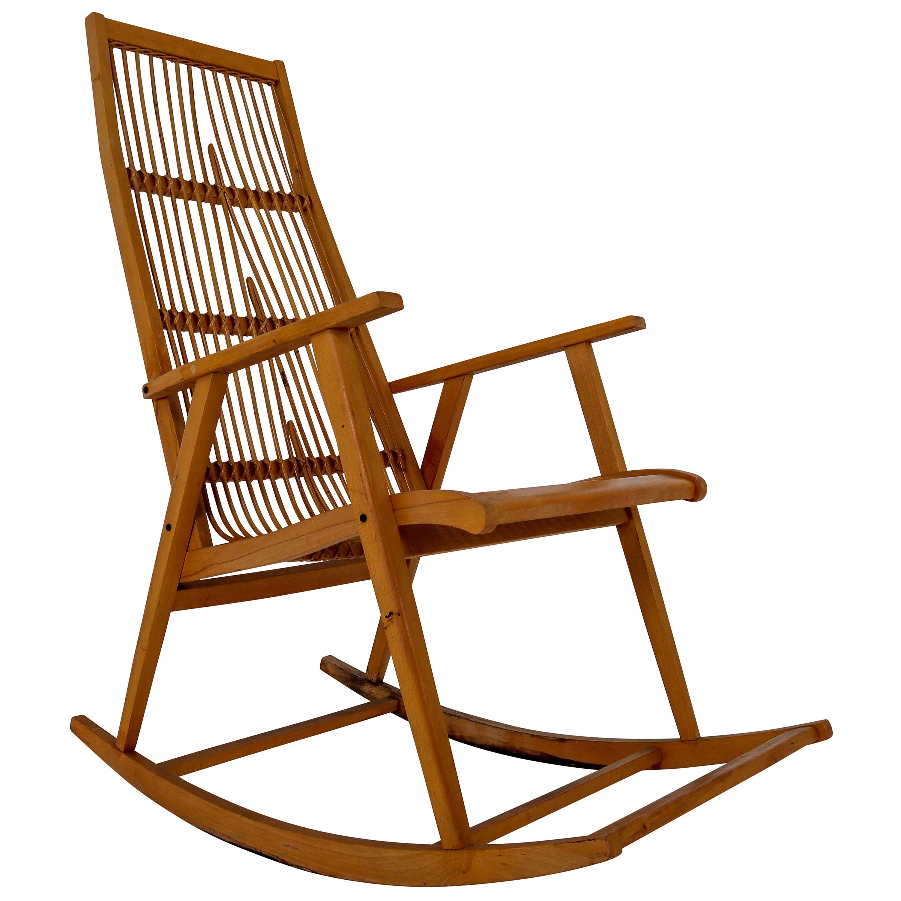 Midcentury Vintage Rocking Chair in Beechwood and Straw, Germany, 1960s