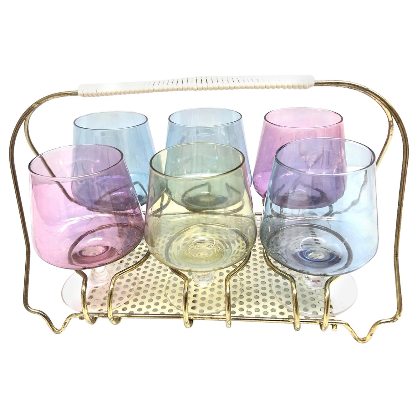 Six Barware Cognac Snifters Glasses on Mid-Century Modern String Wire Caddy For Sale
