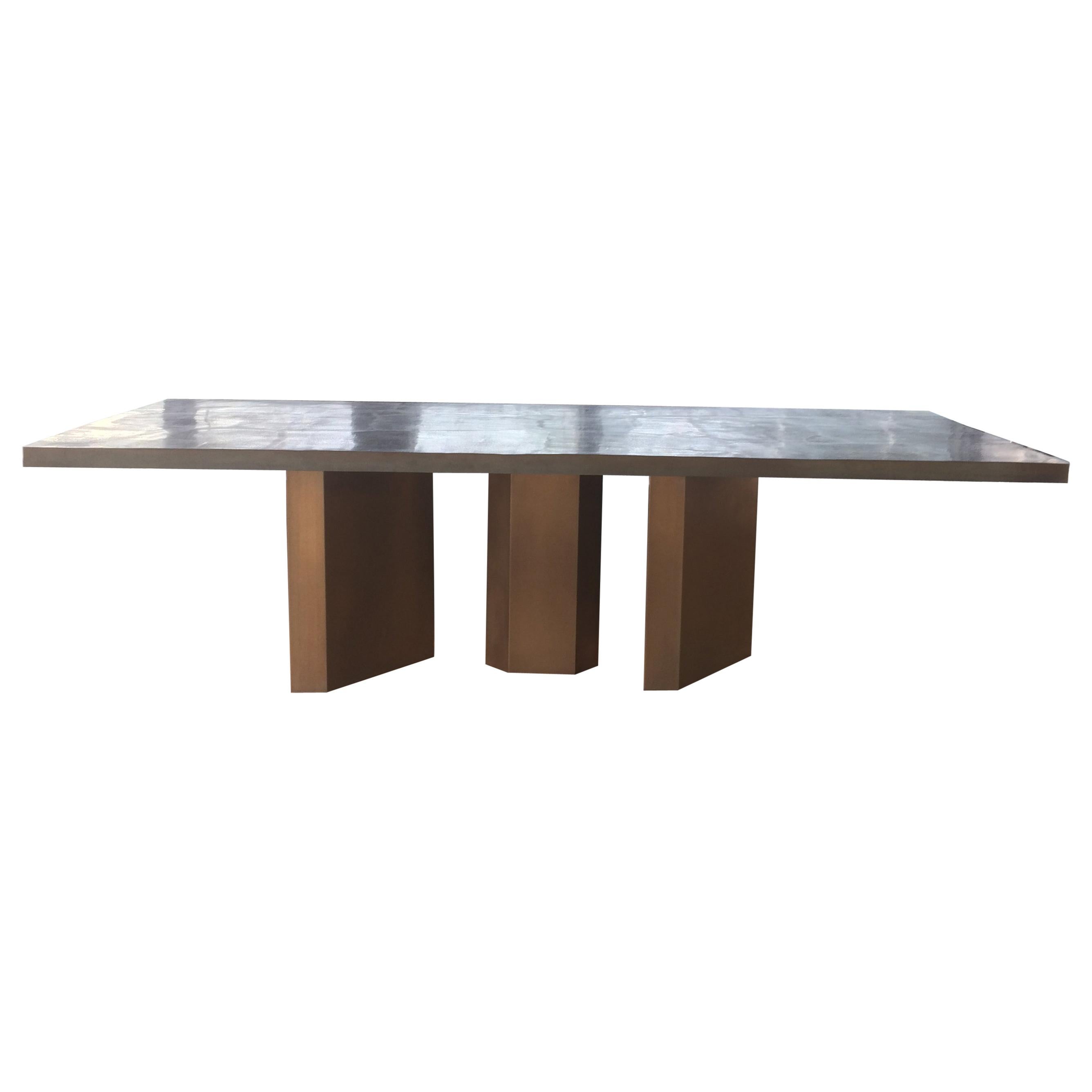 'EA 1706' Shagreen textured Bronze Dining Table, Patina & Polished. Customizable For Sale