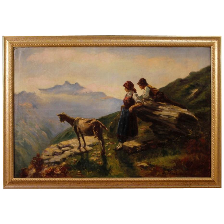 20th Century Oil on Canvas French Signed Painting Landscape with Characters