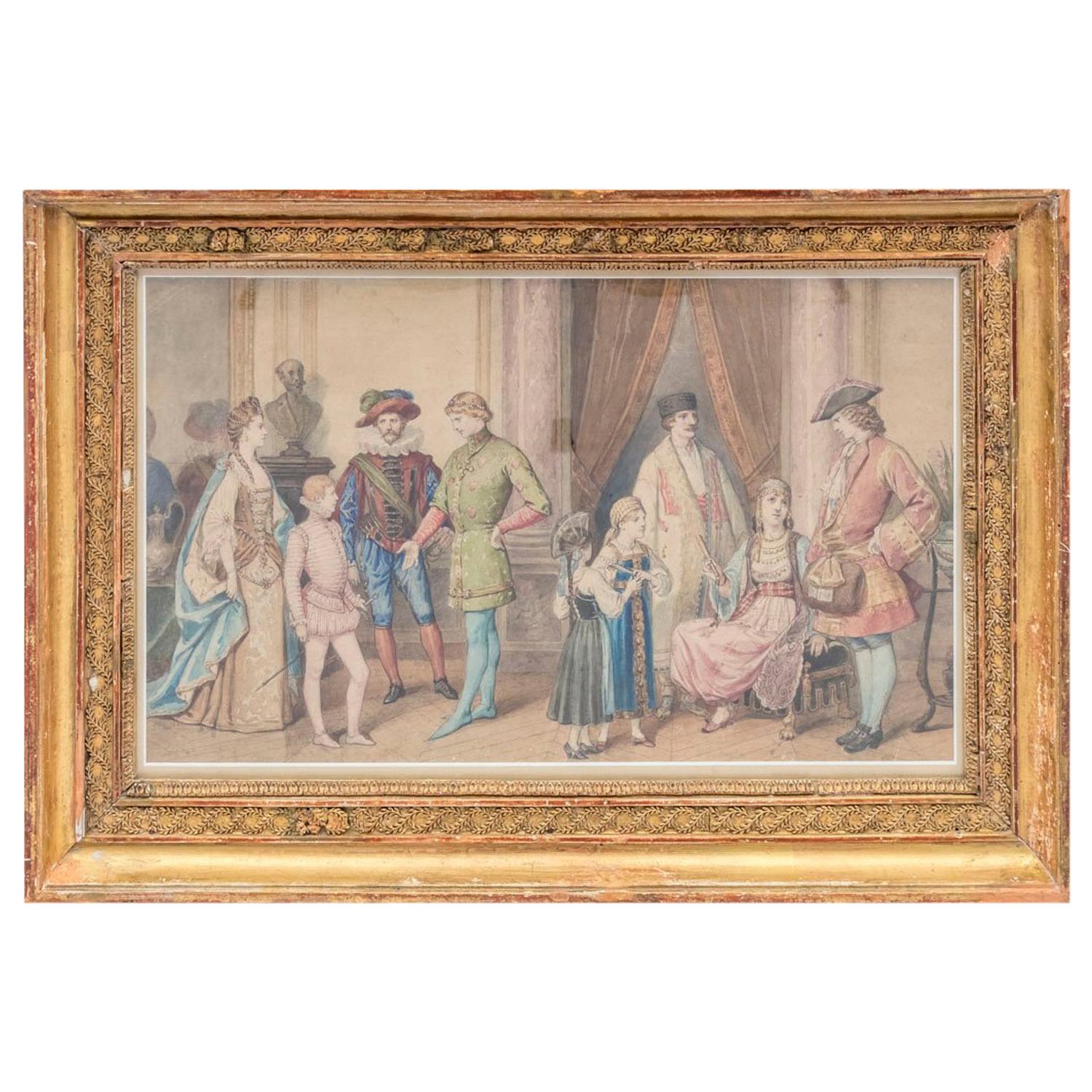 Framed watercolour, “Costume ball scene”, circa 1850