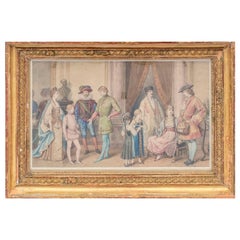 Aquarelle encadrée, scène de bal costumé, vers 1850