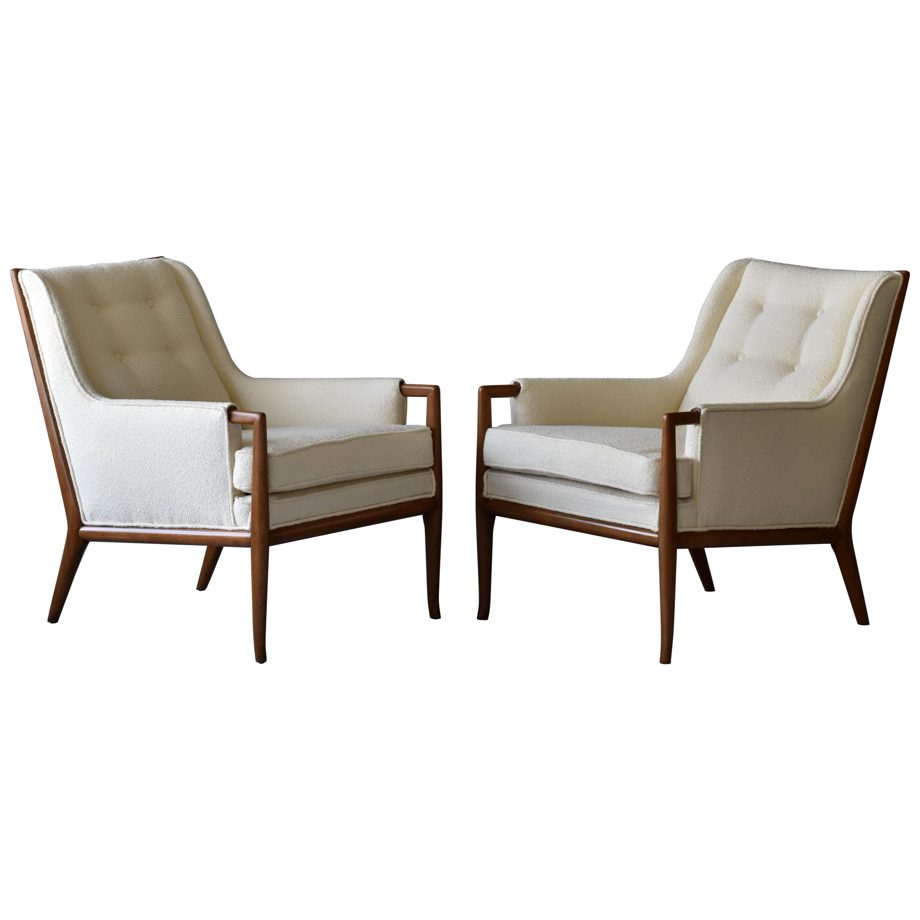 T.H. Robsjohn-Gibbings, Rare Lounge Chairs, Walnut, Off-White Fabric, Widdicomb