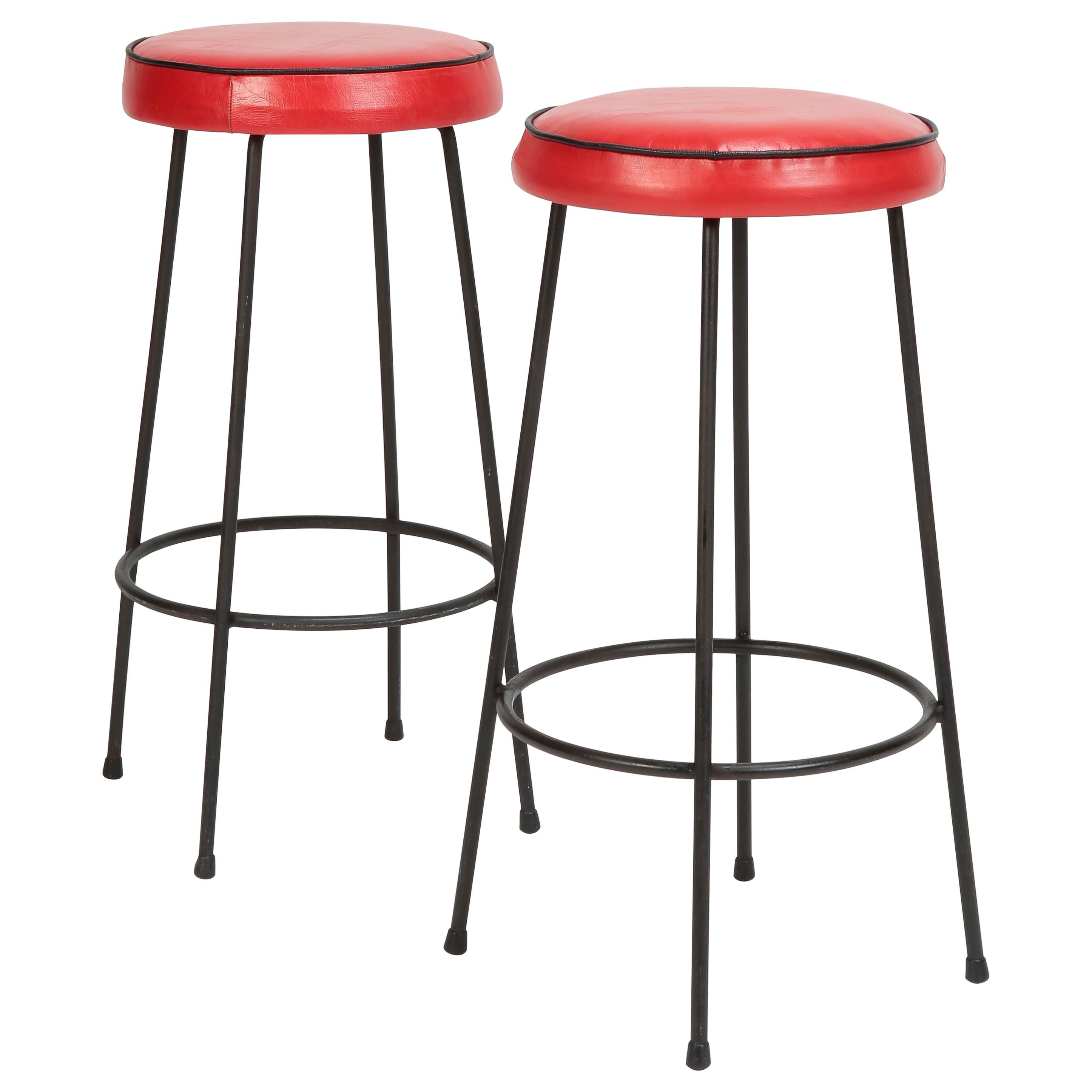 2 Bar Stools Red Leather Italy, 1950s