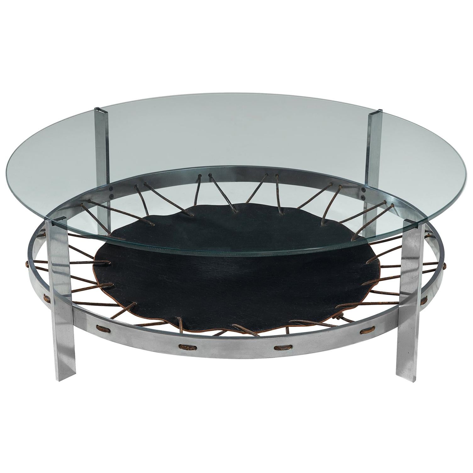 Chrome Coffee Table with Glass Top and Spanned Leather