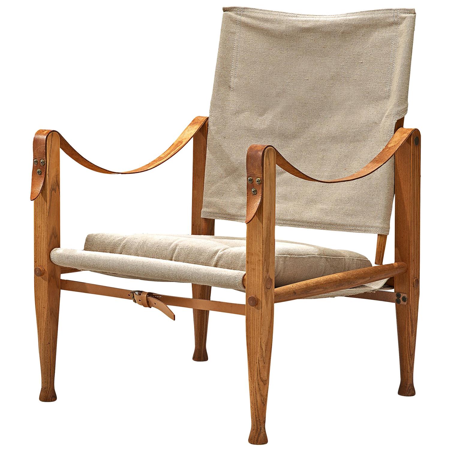 Kaare Klint Safari Chair with Undyed Linen Drill and Leather Armrests