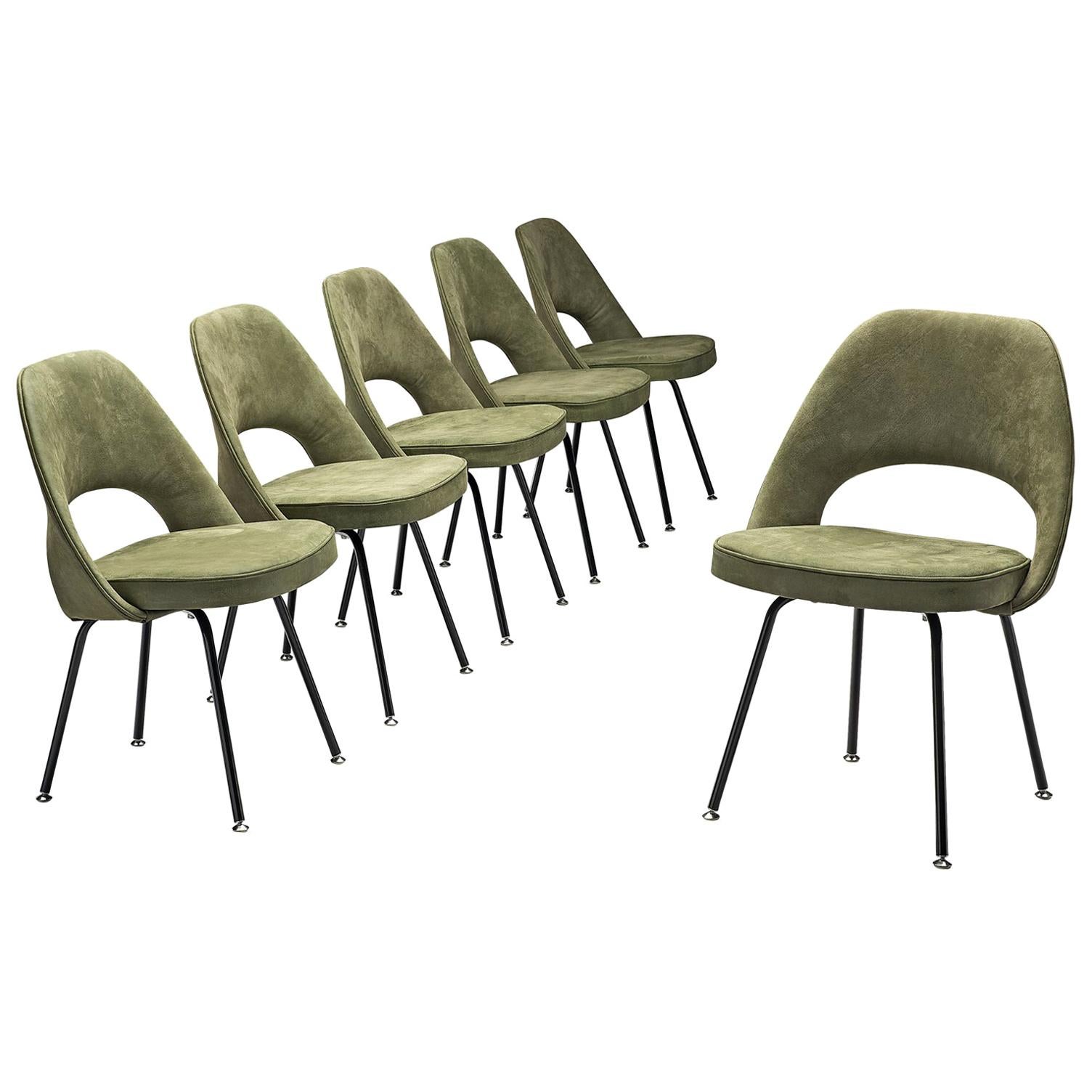 Eero Saarinen Set of Six Chairs in Moss Green Suede
