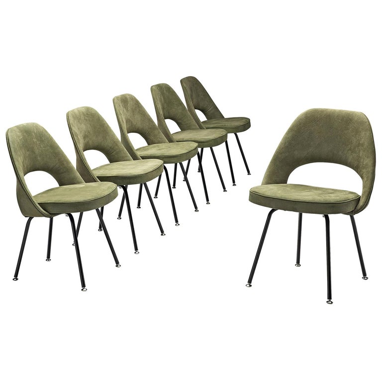 Eero Saarinen Set of Six Chairs in Moss Green Suede, 1948, MORENTZ