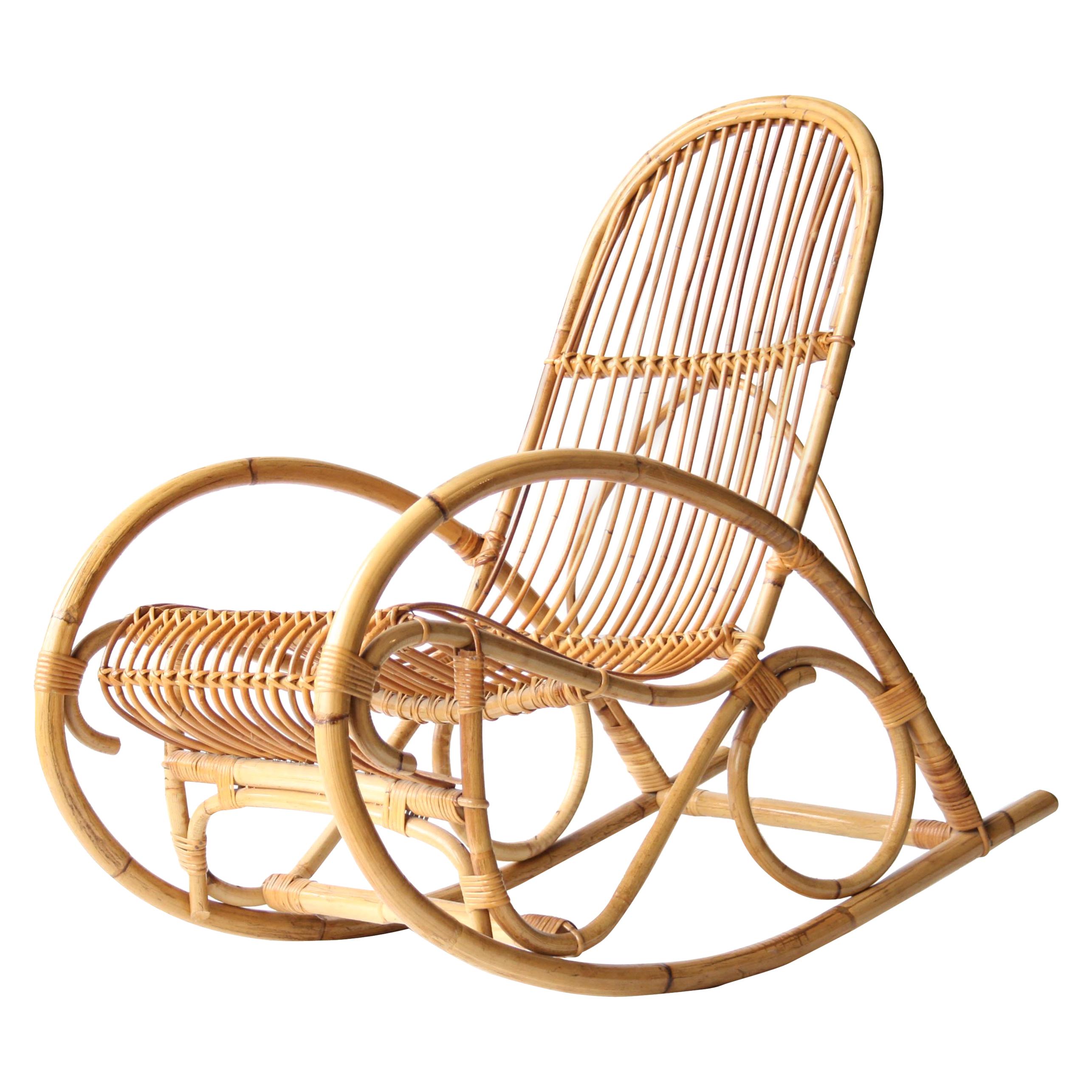 Midcentury Modern Curved Bamboo Couple of French Rocking Chairs, France 1970