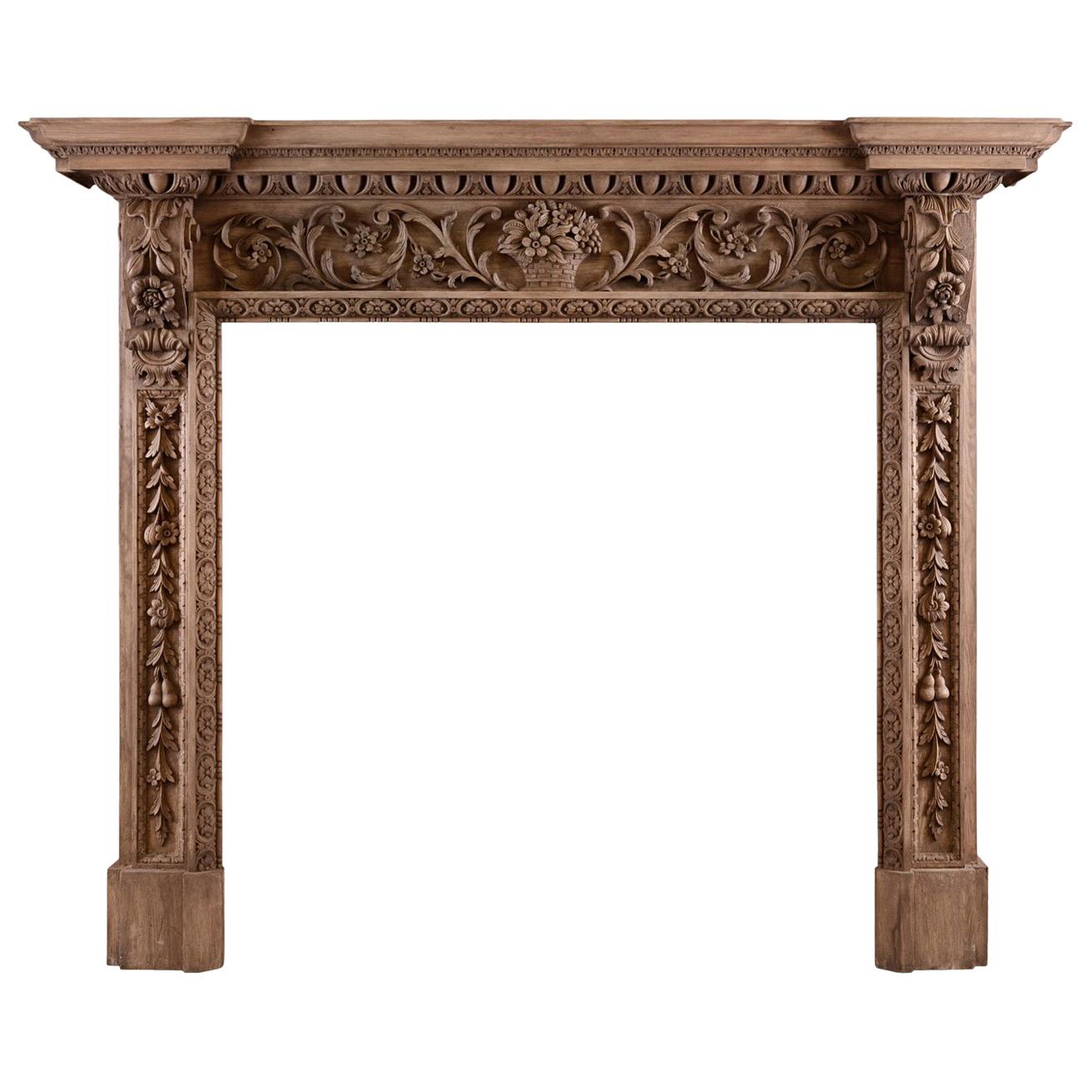 Ornate Pine Fireplace with Carving Throughout For Sale