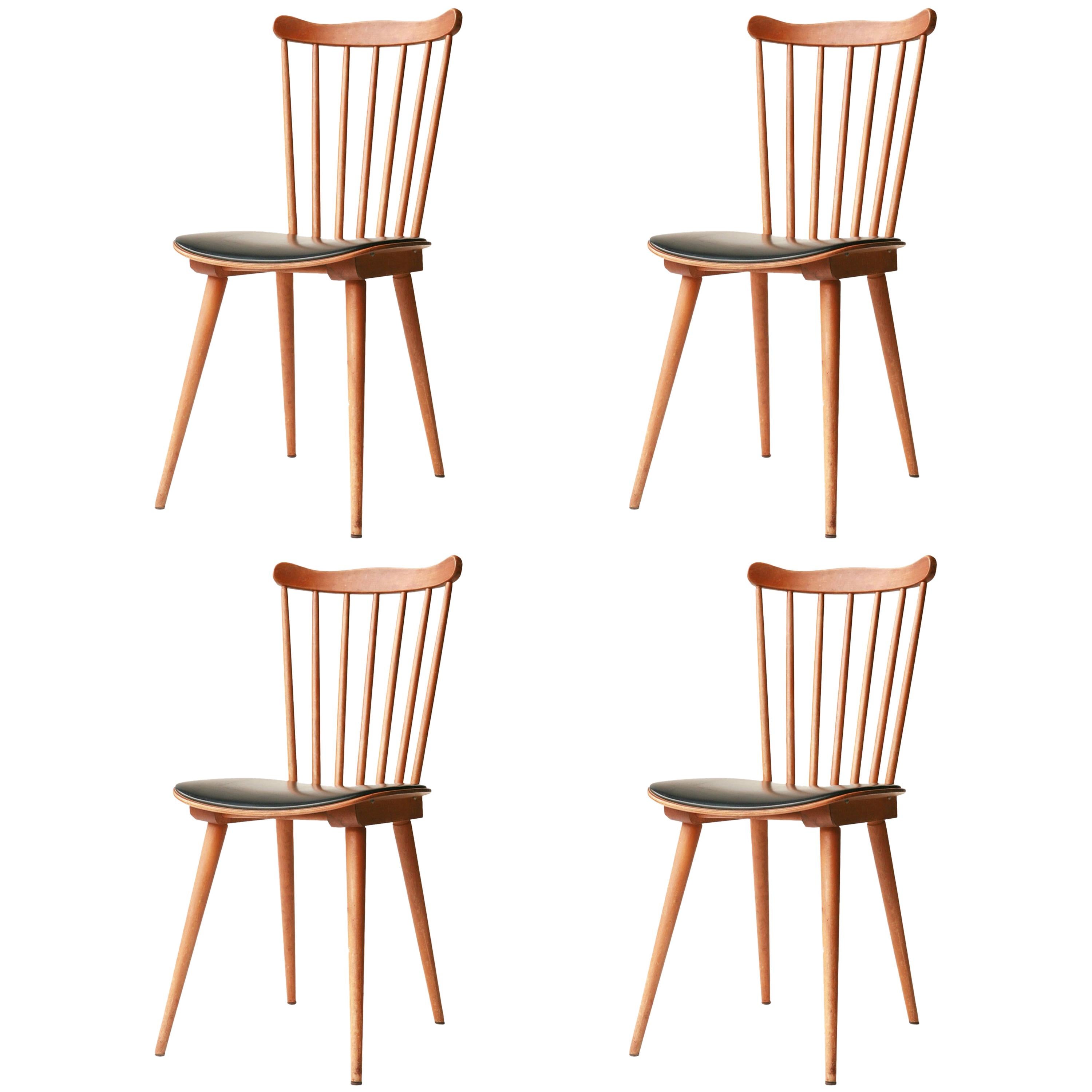 Baumann Midcentury Modern Velvet Teak Set of Four French Chairs, France, 1950