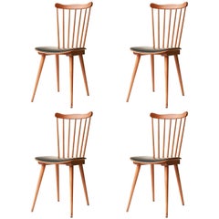 Baumann Midcentury Modern Velvet Teak Set of Four French Chairs, France, 1950