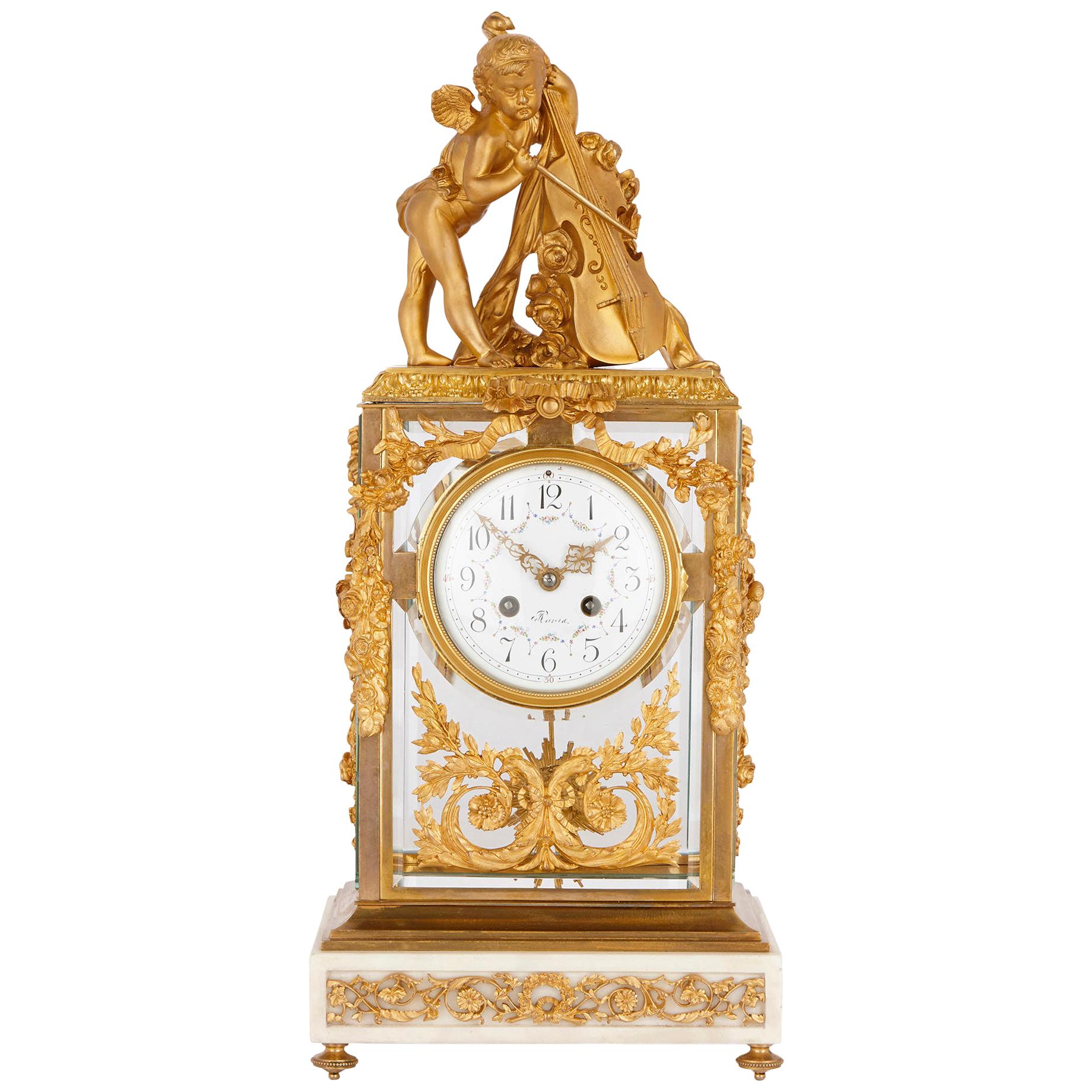 Neoclassical Style Gilt Bronze Mounted Glass and Marble Mantel Clock  For Sale